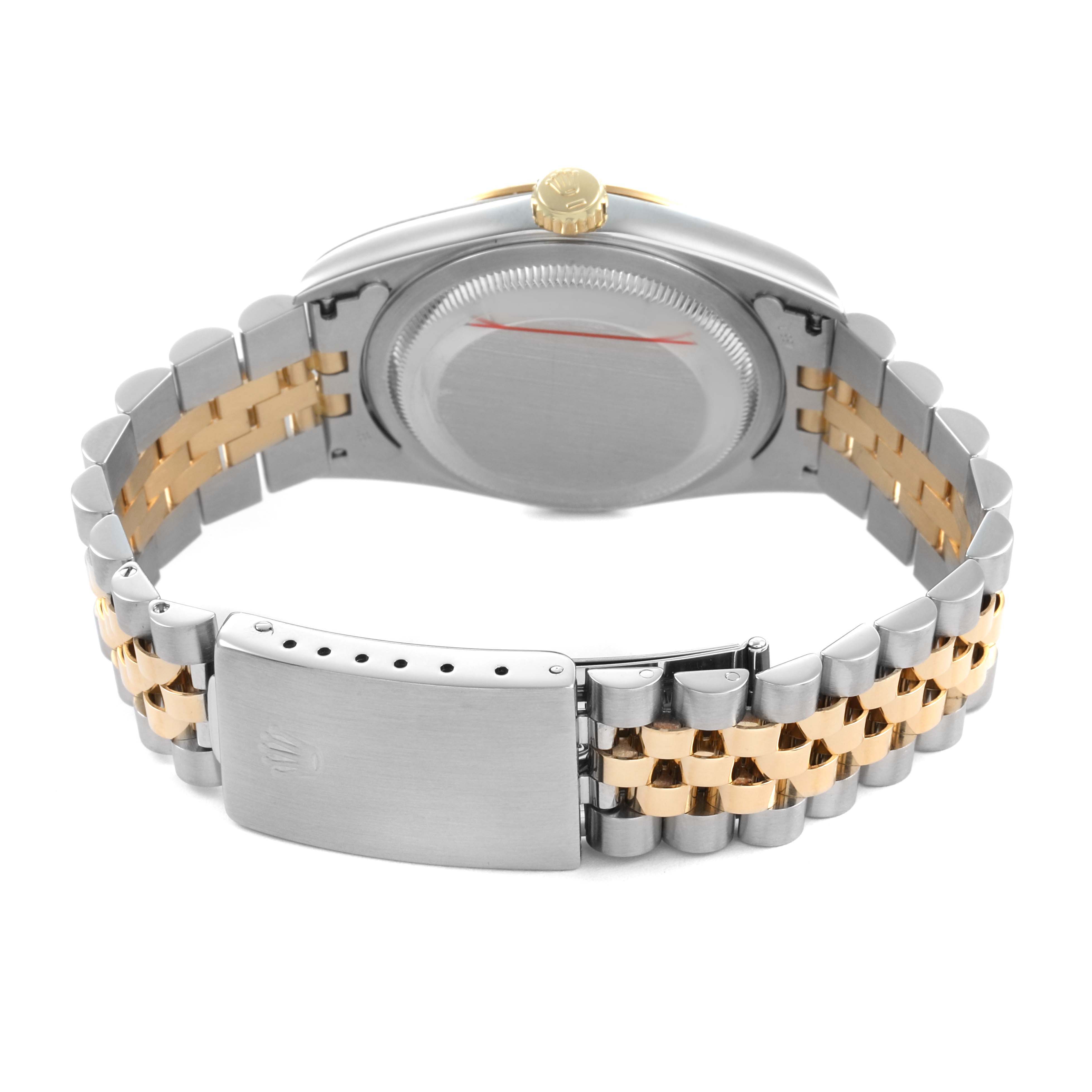 The image shows the back of the Rolex Datejust 16233 Men's Stainless Steel Champagne Dial, highlighting the case back, crown, and Jubilee bracelet with two-tone links.
