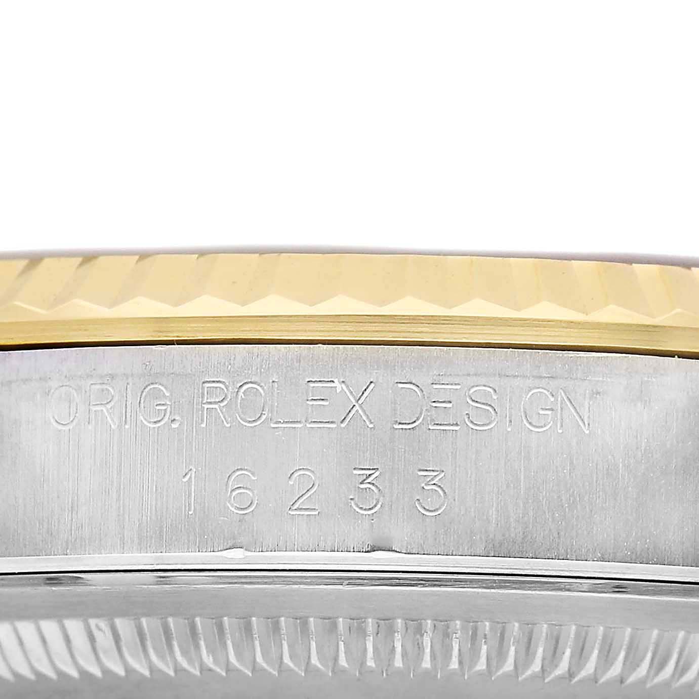 The image shows the side profile of a Rolex Datejust 16233 Men's Stainless Steel Champagne Dial, highlighting the engraved bezel and model number 16233.