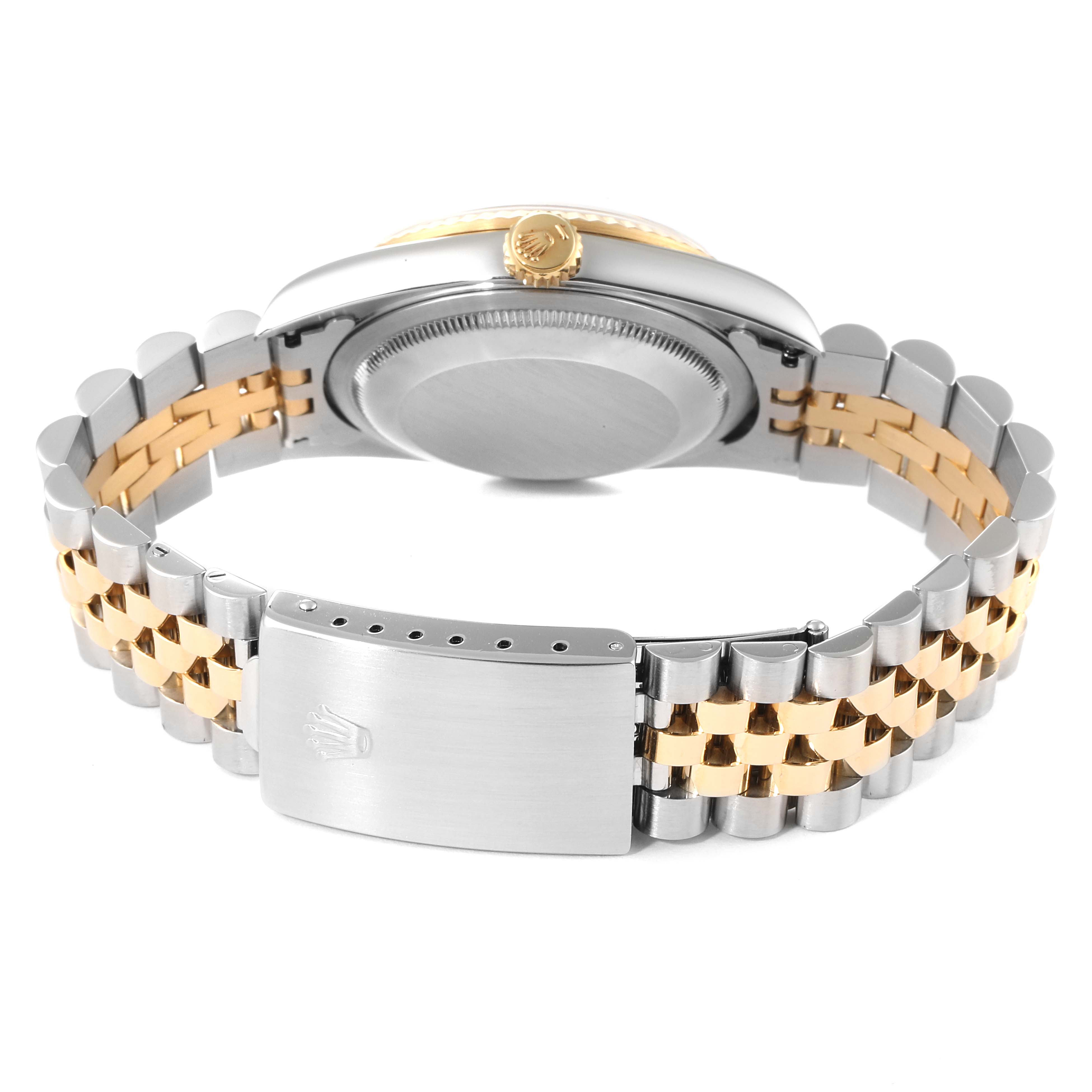 The image shows the back and side profile of a Rolex Datejust 16233 Men's Steel and Gold (two tone) Champagne Dial 16233 Men's Steel and Gold (two tone) Champagne Dial watch, highlighting the case, crown, and two-tone jubilee bracelet.