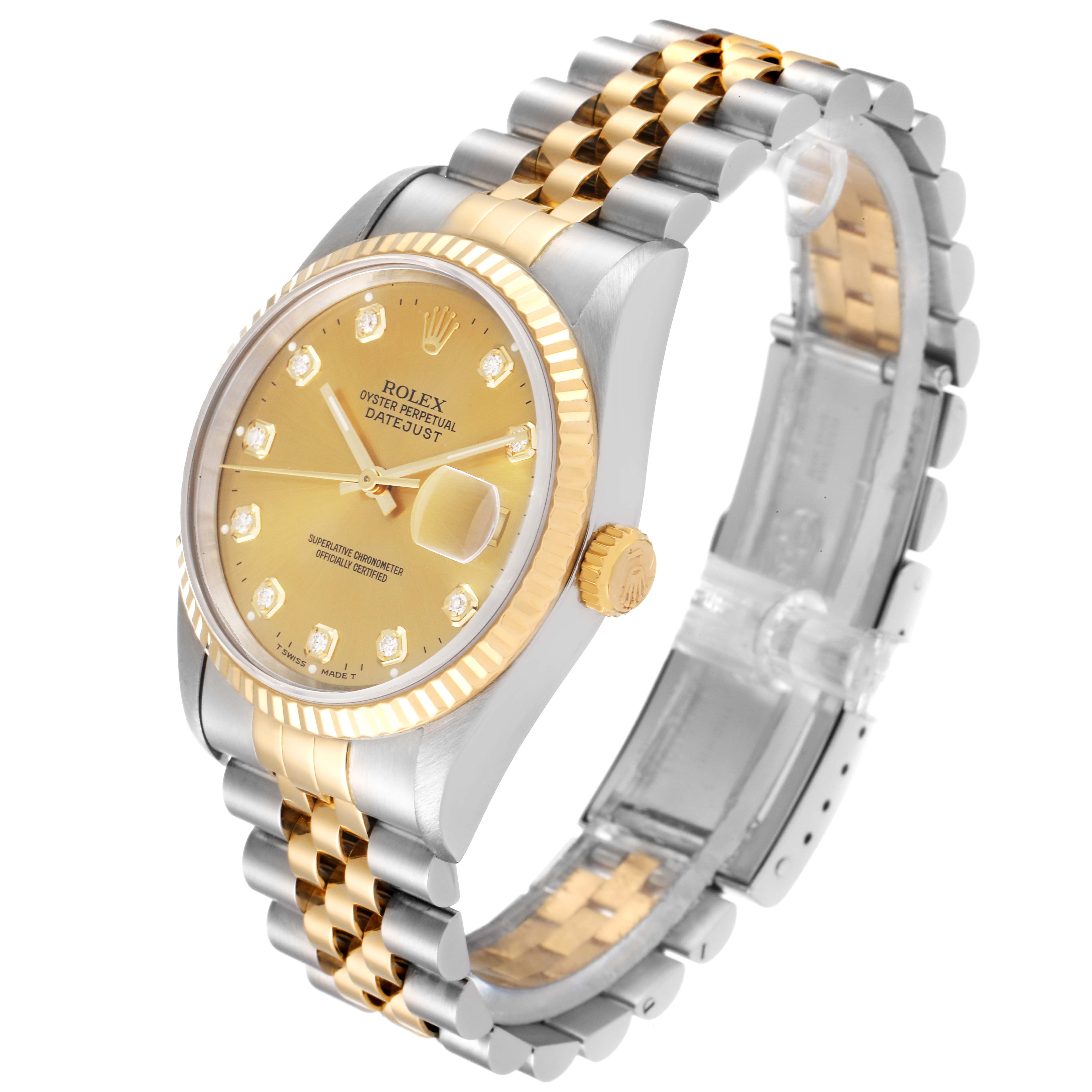 The Rolex Datejust 16233 Men's Steel and Gold (two tone) Champagne Dial 16233 Men's Steel and Gold (two tone) Champagne Dial watch is shown at a three-quarter angle highlighting its gold and silver jubilee bracelet, face, and fluted bezel.