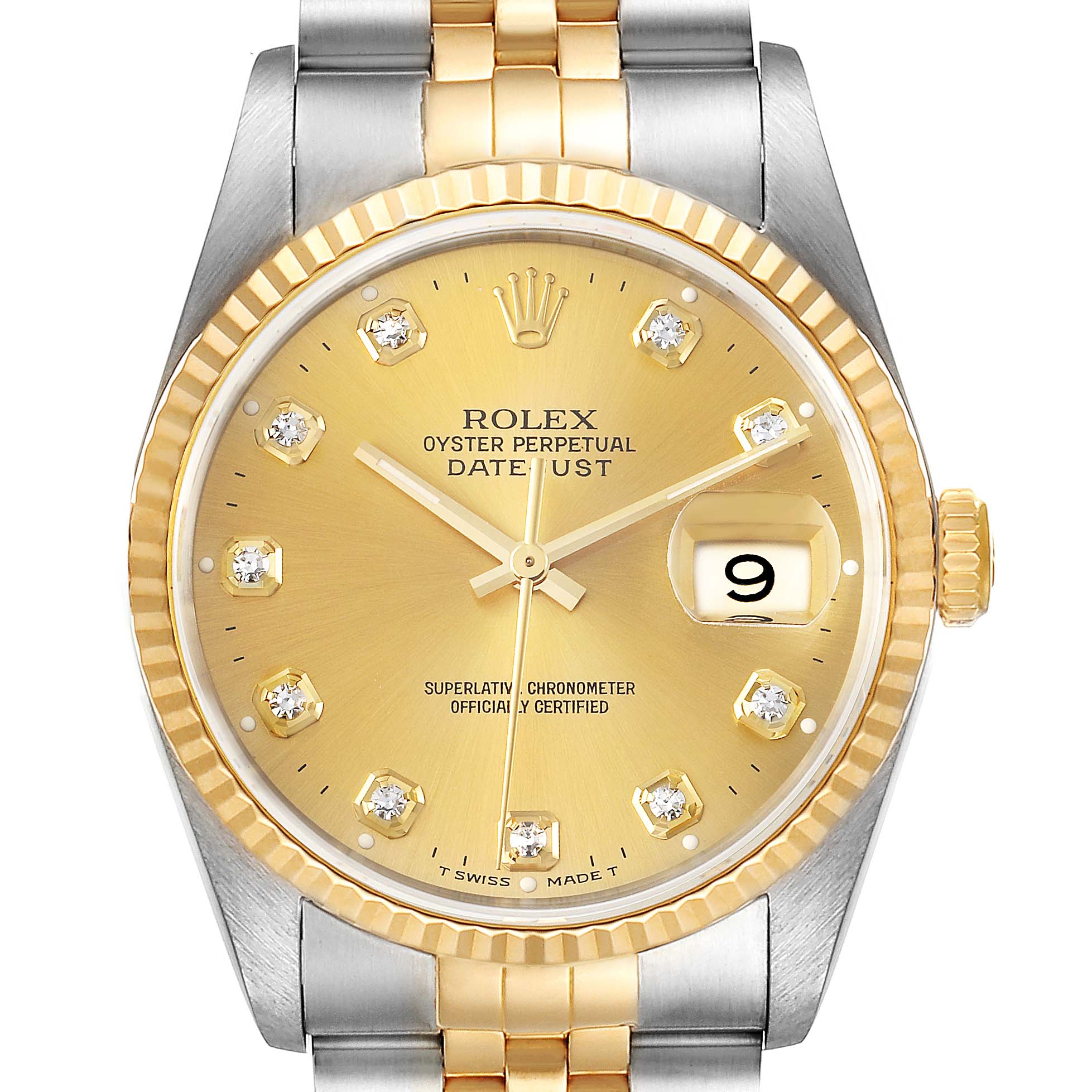 The image shows a front view of the Rolex Datejust 16233 Men's Steel and Gold (two tone) Champagne Dial 16233 Men's Steel and Gold (two tone) Champagne Dial watch, featuring a gold dial, diamond hour markers, and a two-tone bracelet.