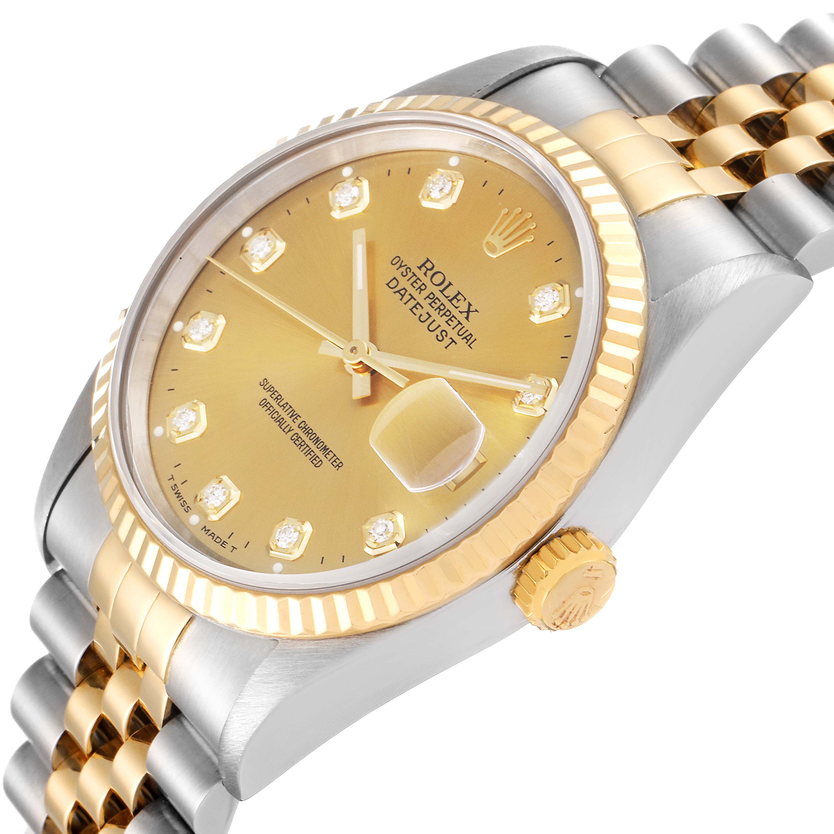 The image shows a side angle of the Rolex Datejust 16233 Men's Steel and Gold (two tone) Champagne Dial 16233 Men's Steel and Gold (two tone) Champagne Dial watch, highlighting its dial, bezel, crown, and part of the bracelet.