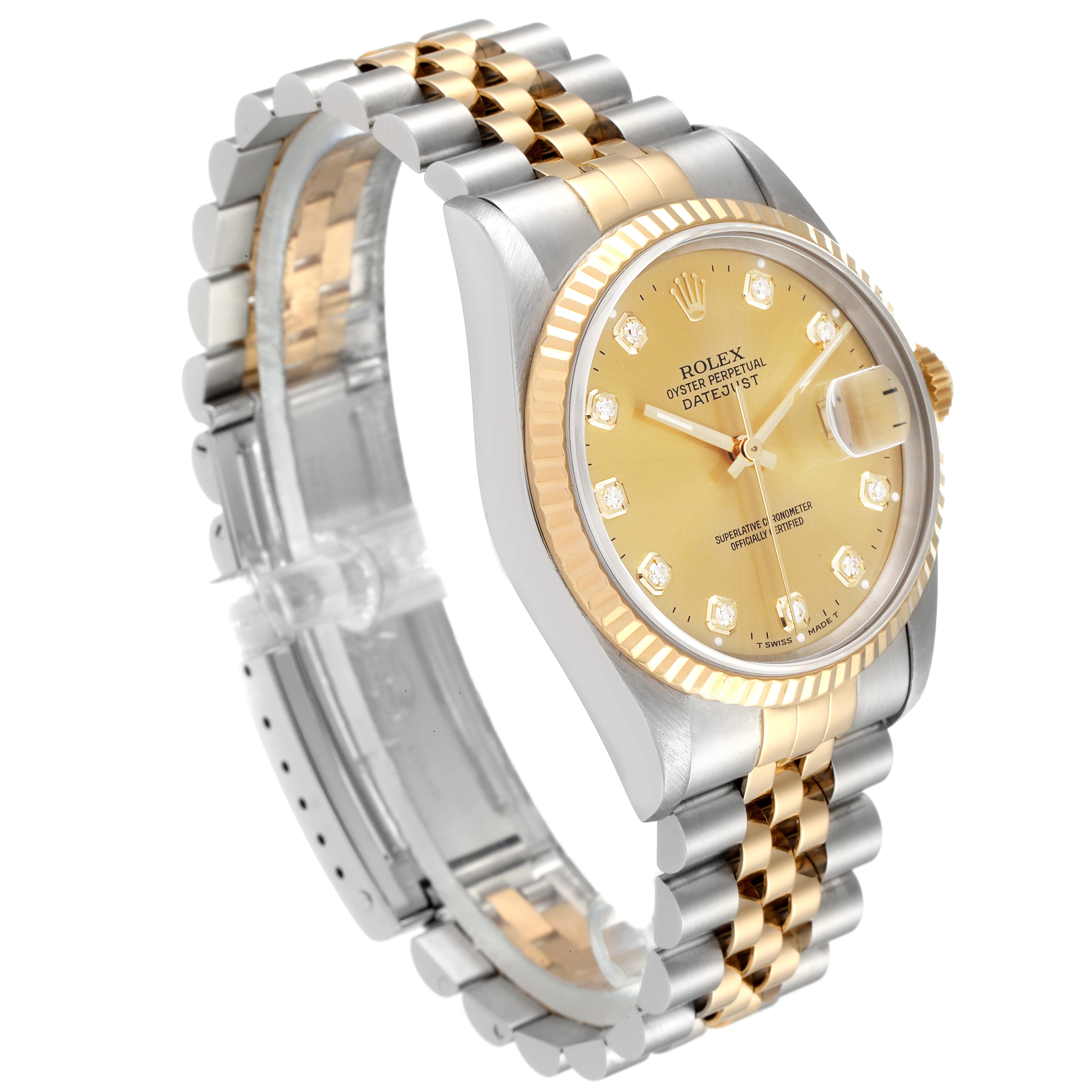The Rolex Datejust 16233 Men's Steel and Gold (two tone) Champagne Dial 16233 Men's Steel and Gold (two tone) Champagne Dial watch is shown at a 3/4 angle, highlighting its dial, bezel, and bracelet.