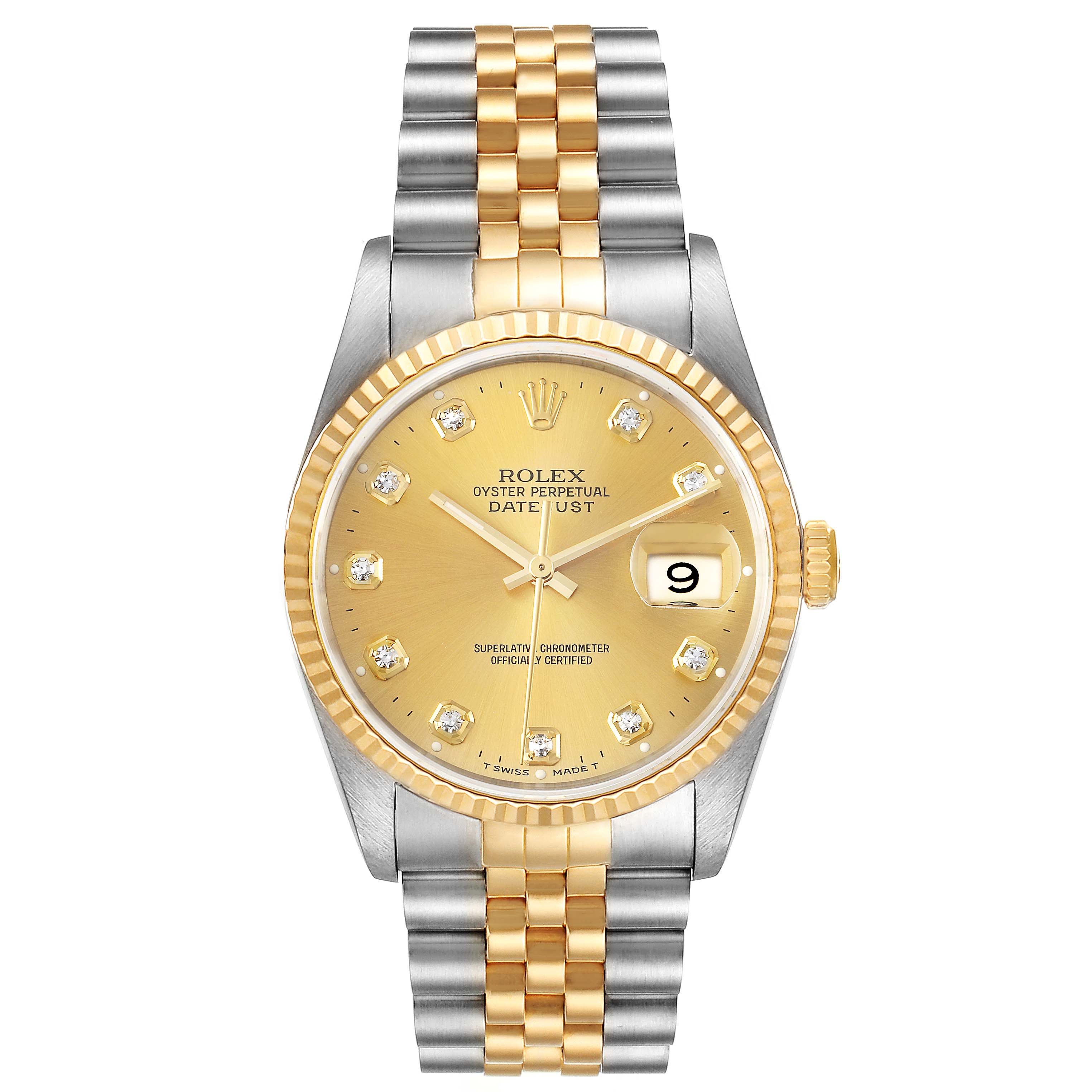 This image shows a front view of the Rolex Datejust 16233 Men's Steel and Gold (two tone) Champagne Dial 16233 Men's Steel and Gold (two tone) Champagne Dial watch, featuring a gold and stainless steel bracelet, gold dial, and date display.