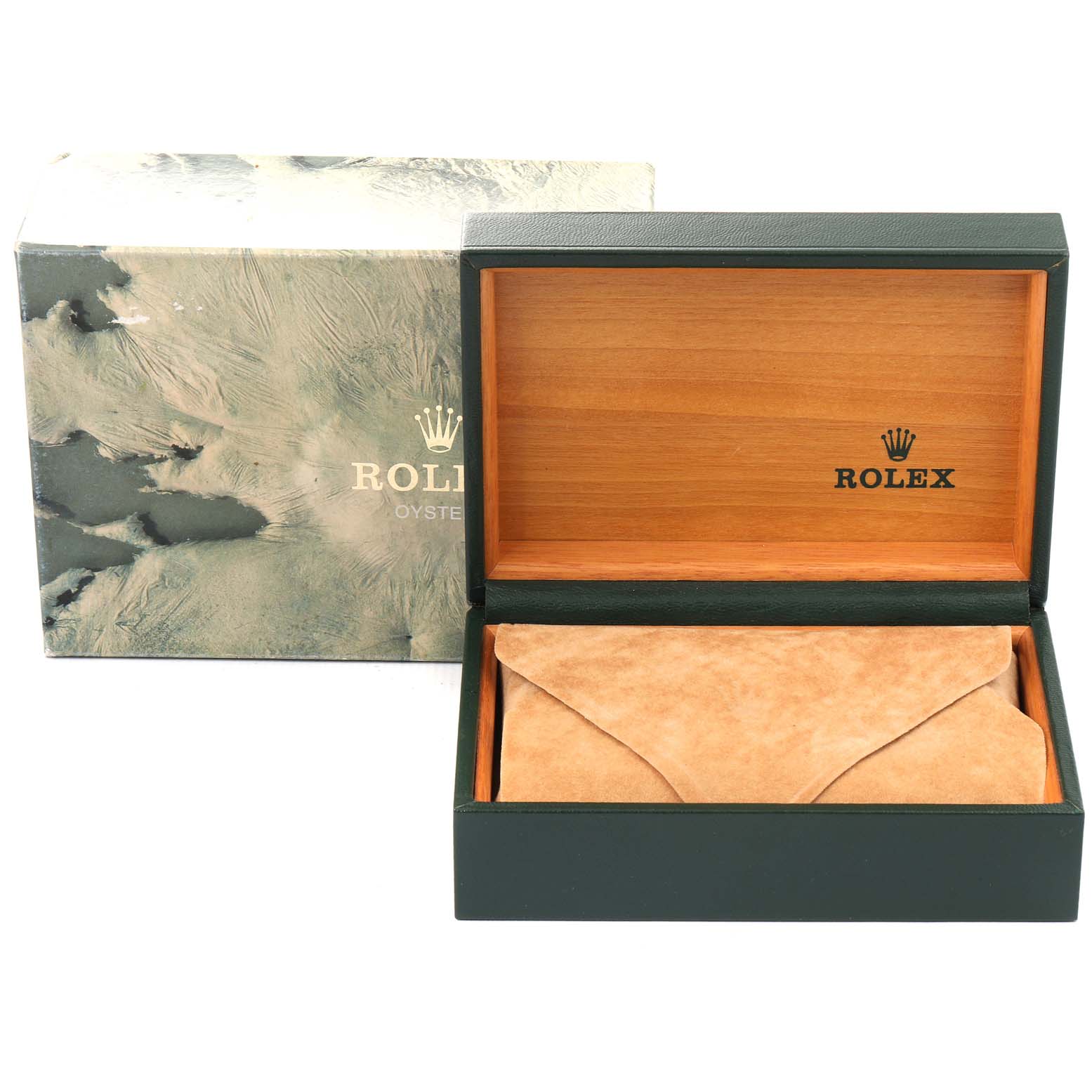 The image shows a Rolex Datejust 16233 Men's Steel and Gold (two tone) Champagne Dial 16233 Men's Steel and Gold (two tone) Champagne Dial model packaging with an open wooden box and suede pouch, alongside a branded outer box.