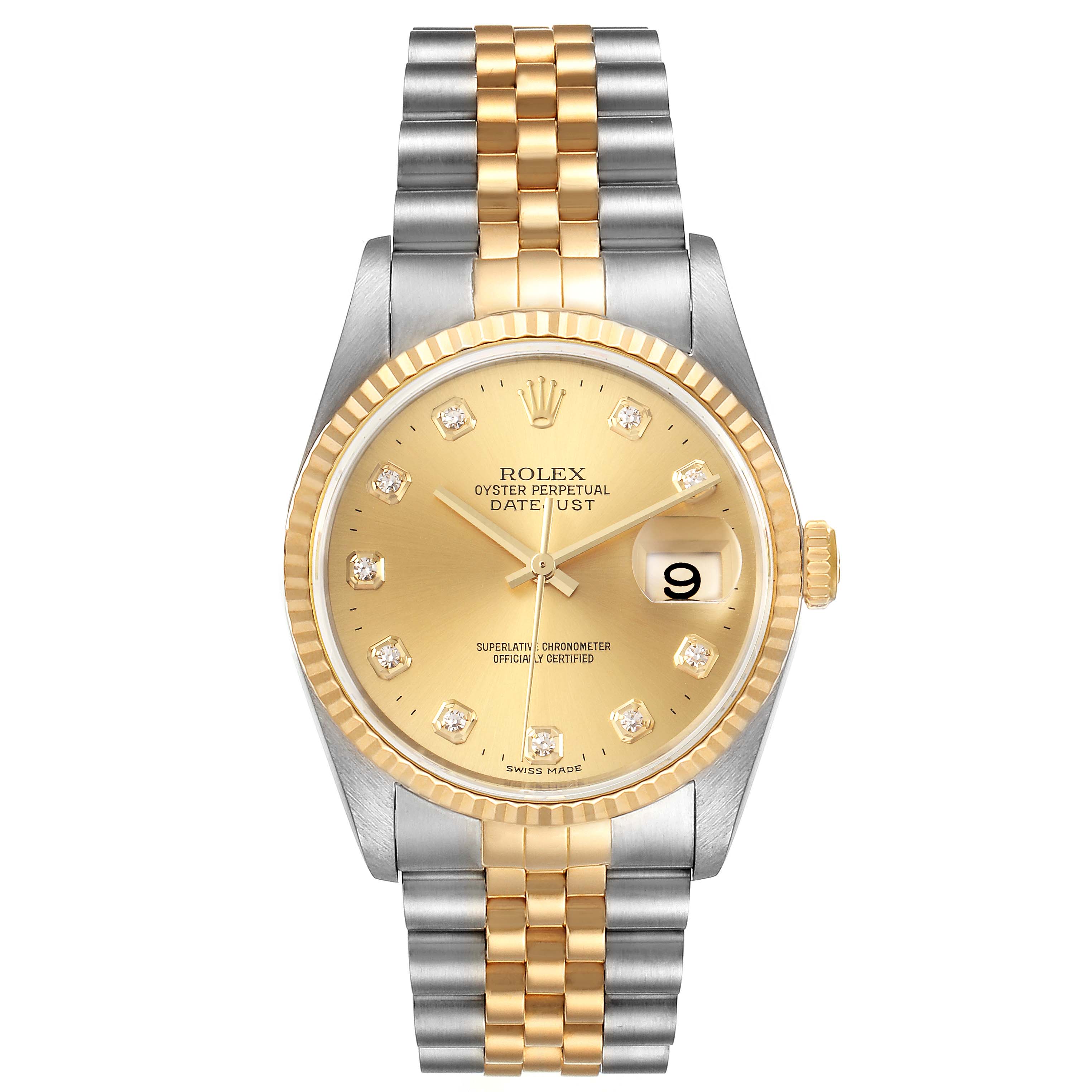 This is a frontal view of a Rolex Datejust 16233 Men's Steel and Gold (two tone) Champagne Dial 16233 Men's Steel and Gold (two tone) Champagne Dial watch, showing the dial, bezel, and two-tone bracelet.
