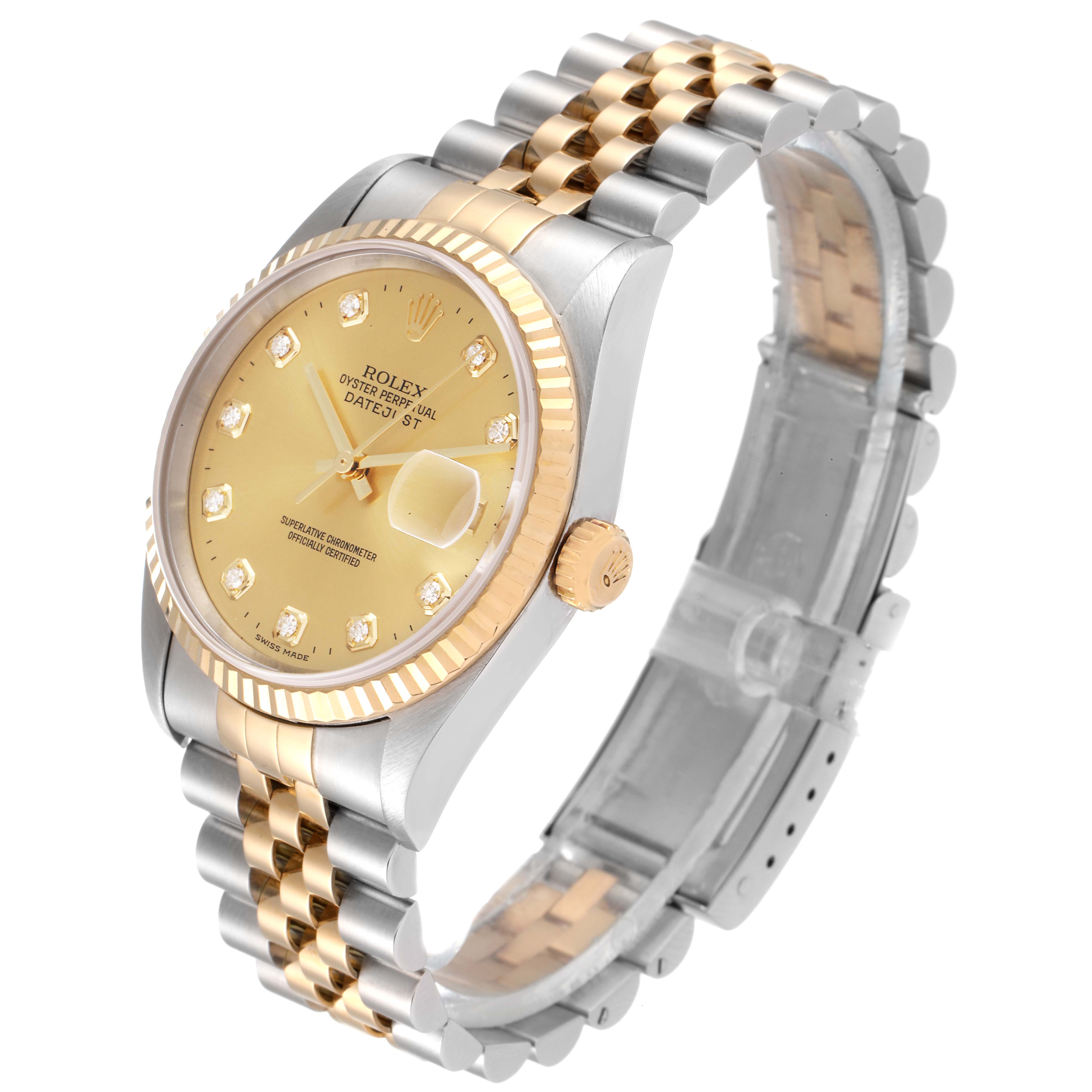 The Rolex Datejust 16233 Men's Steel and Gold (two tone) Champagne Dial 16233 Men's Steel and Gold (two tone) Champagne Dial watch is shown from an angled side view, highlighting its dial, band, crown, and bezel.
