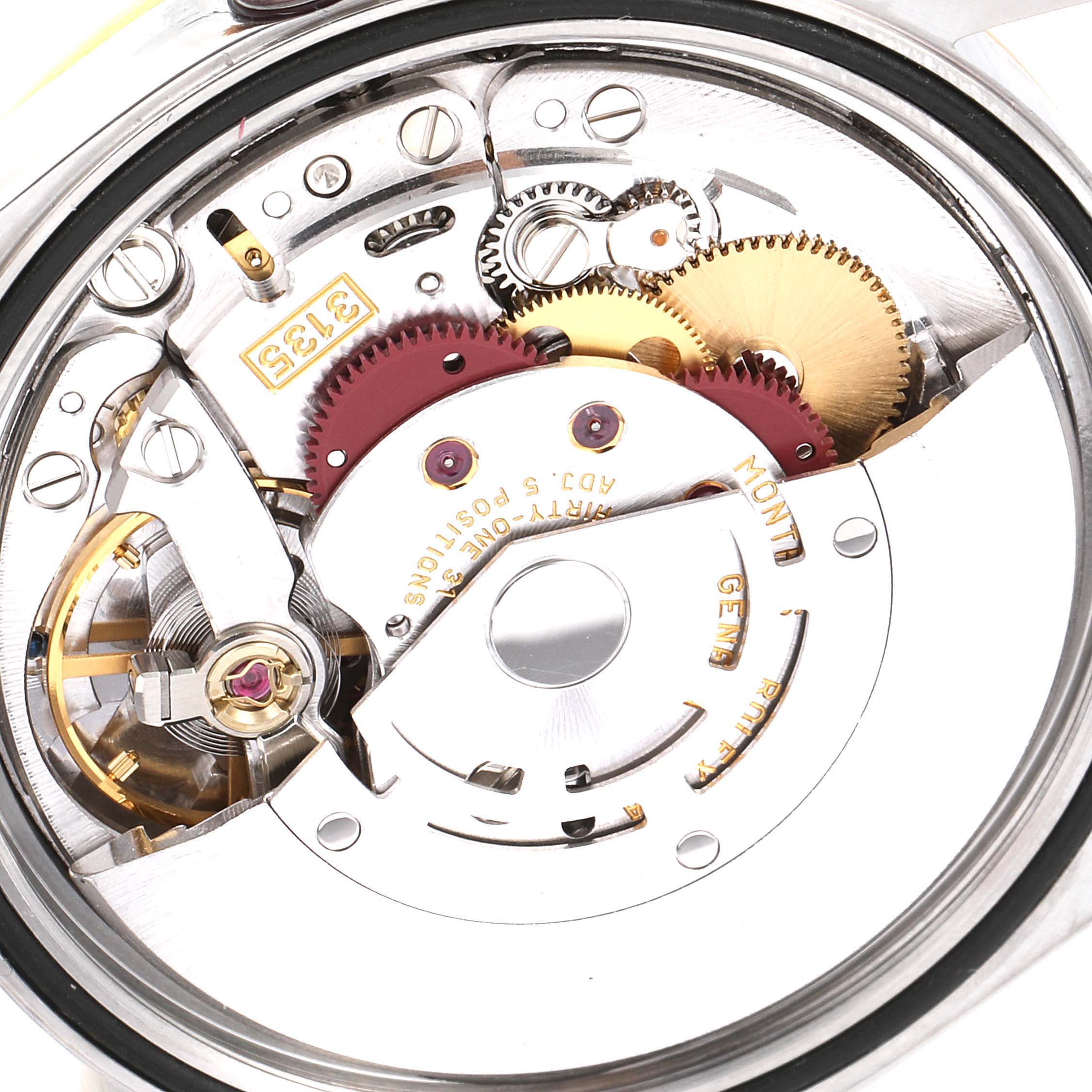 This image shows the inner mechanism of a Rolex Datejust 16233 Men's Steel and Gold (two tone) Champagne Dial 16233 Men's Steel and Gold (two tone) Champagne Dial watch, highlighting gears and movement components.