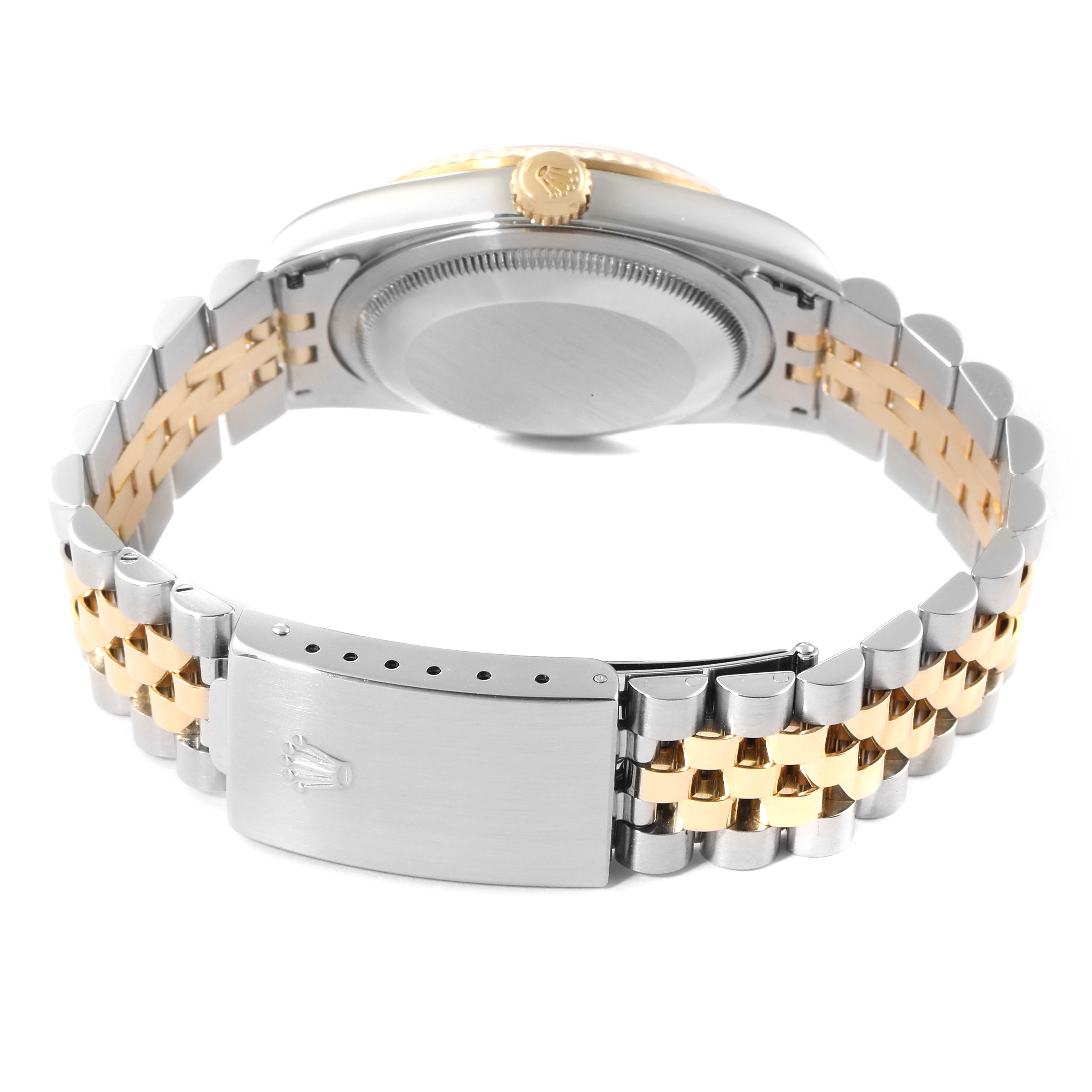 The image shows the back view of a Rolex Datejust 16233 Men's Steel and Gold (two tone) Champagne Dial 16233 Men's Steel and Gold (two tone) Champagne Dial watch featuring its case back, crown, and two-tone bracelet with clasp.