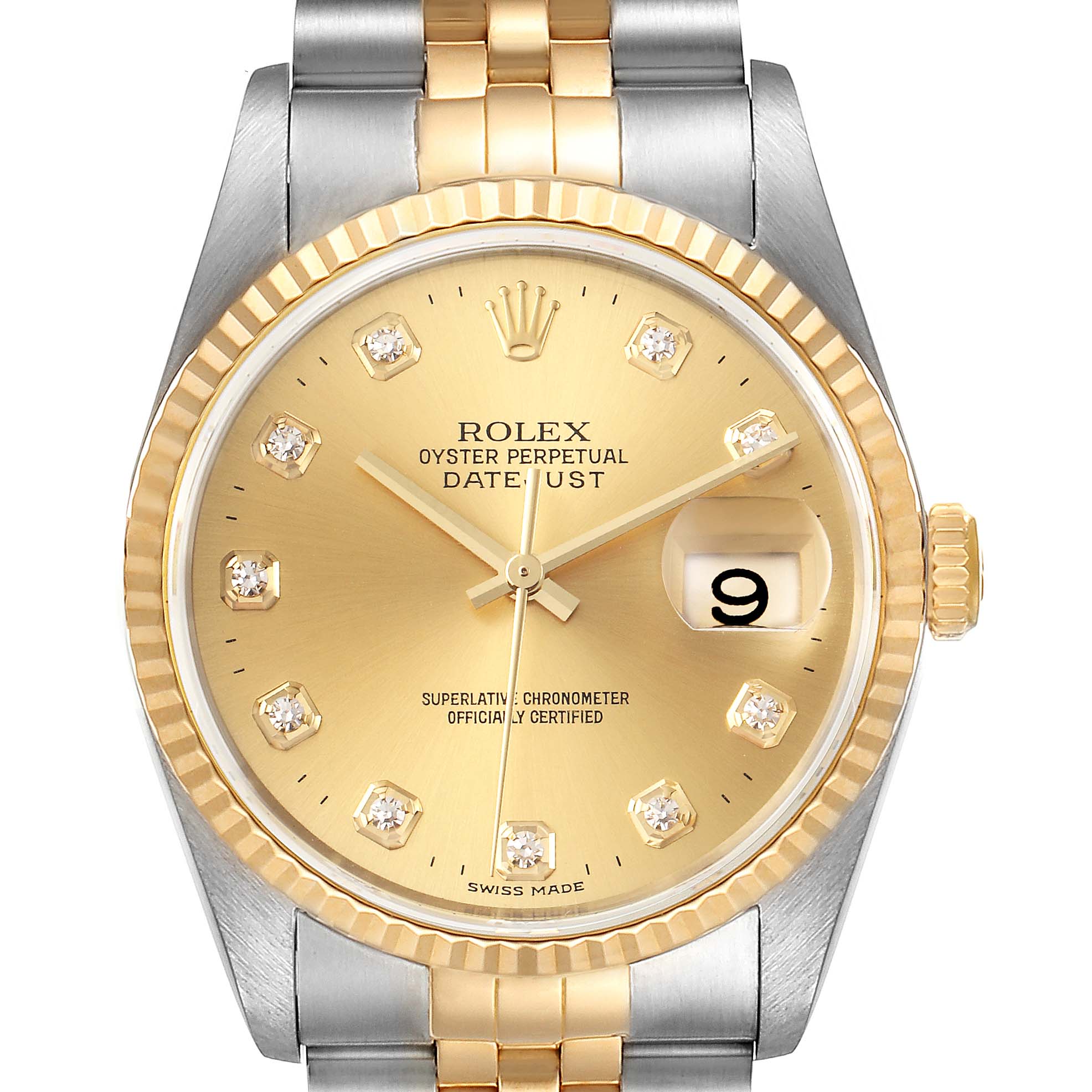 This image shows a front view of the Rolex Datejust 16233 Men's Steel and Gold (two tone) Champagne Dial 16233 Men's Steel and Gold (two tone) Champagne Dial watch, highlighting its gold dial, date window, and two-tone bracelet.