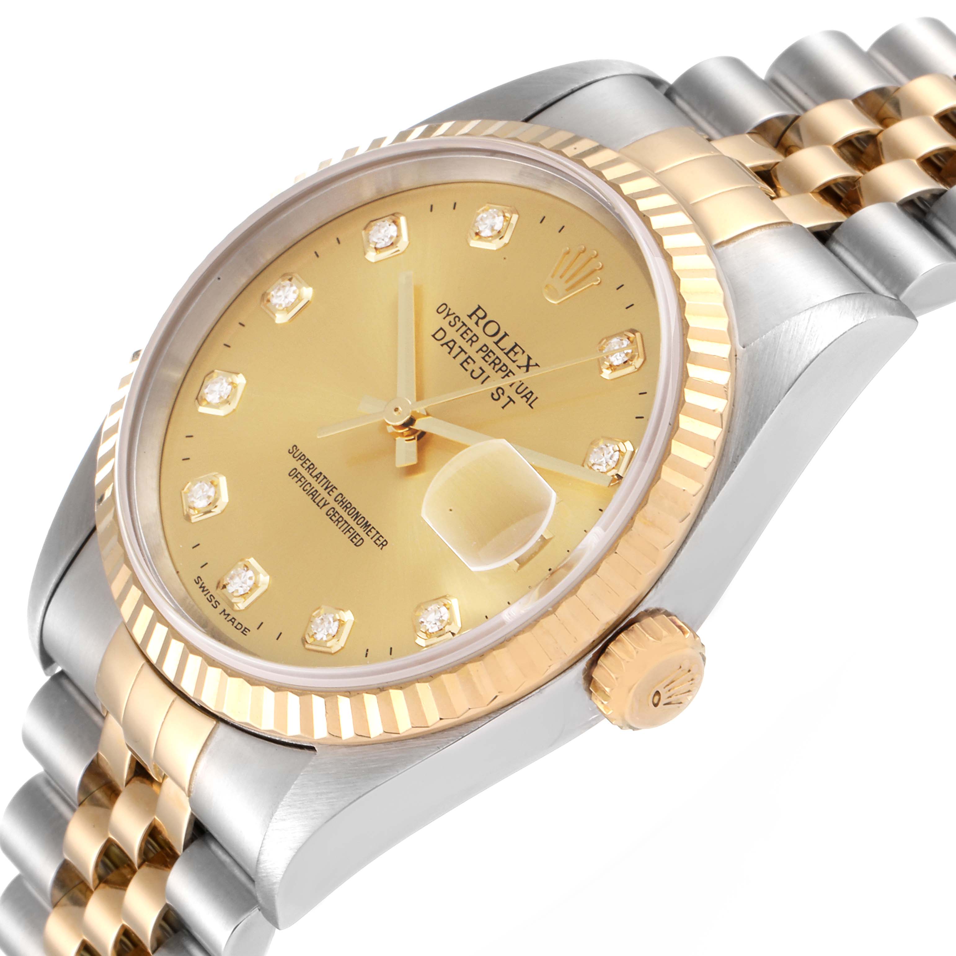 The image shows a close-up angle of the dial, bezel, and part of the bracelet of a Rolex Datejust 16233 Men's Steel and Gold (two tone) Champagne Dial 16233 Men's Steel and Gold (two tone) Champagne Dial watch.