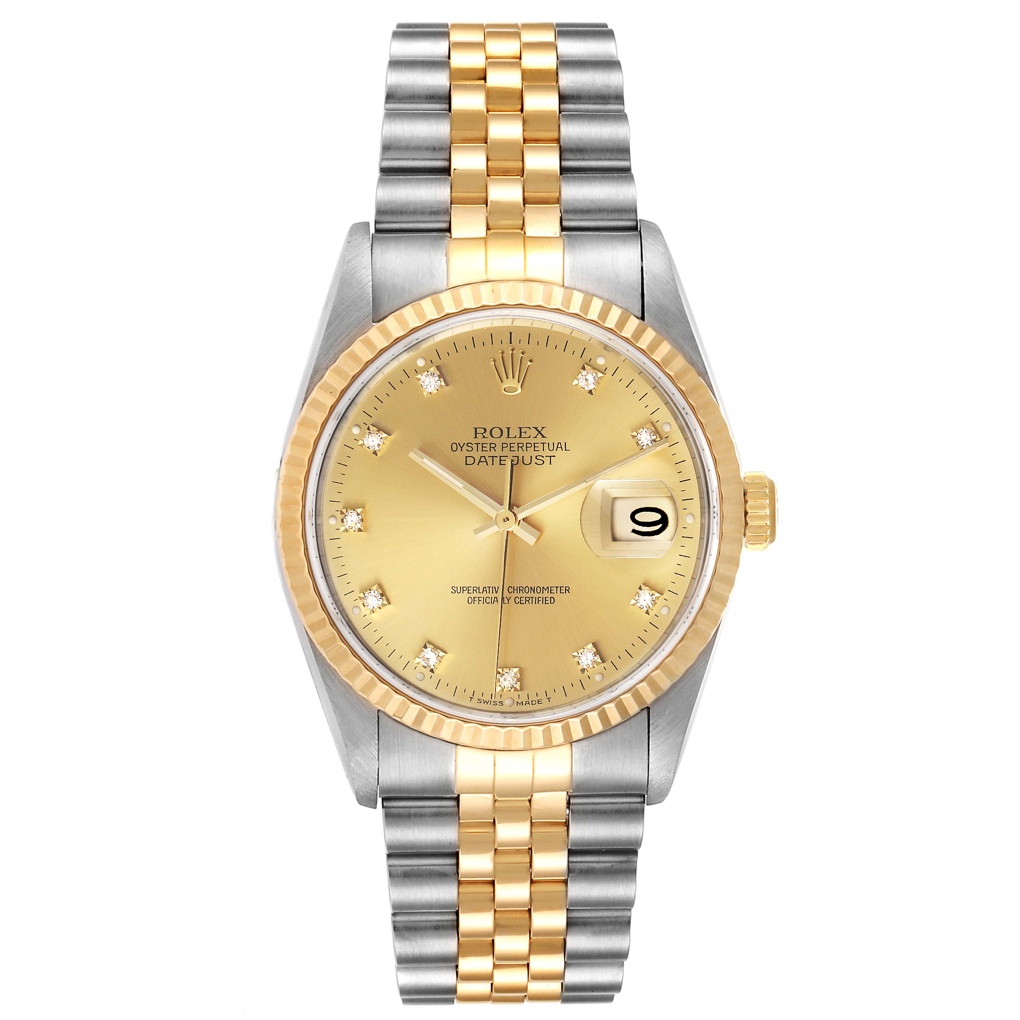 This image shows a front view of a Rolex Datejust 16233 Men's Steel and Gold (two tone) Champagne Dial 16233 Men's Steel and Gold (two tone) Champagne Dial watch, highlighting its gold dial, date window, and two-tone bracelet.
