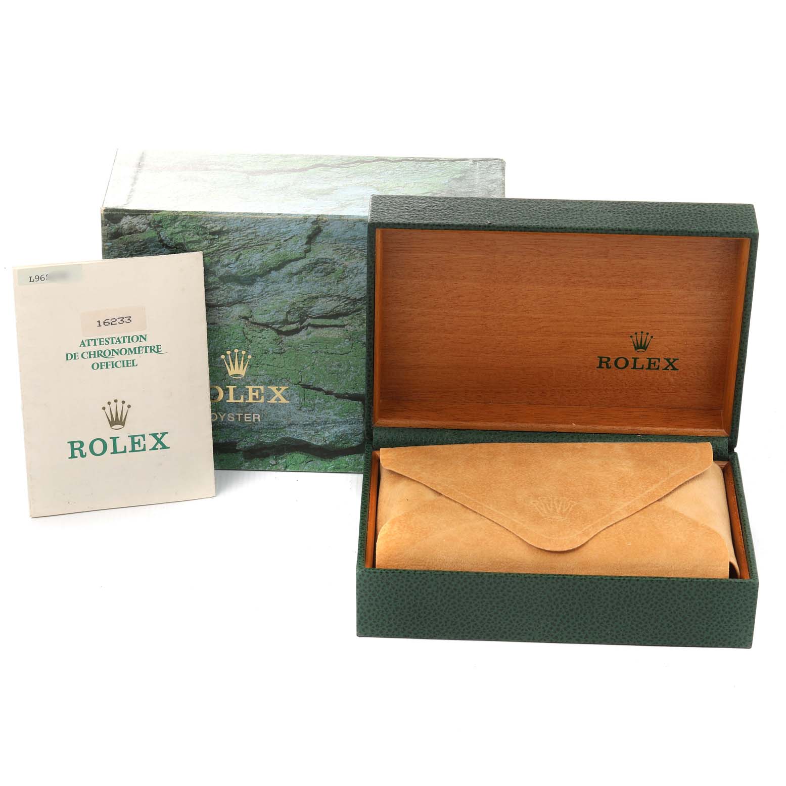 The image shows a Rolex Datejust 16233 Men's Steel and Gold (two tone) Champagne Dial 16233 Men's Steel and Gold (two tone) Champagne Dial box, a leather pouch, and a certificate from a frontal angle.