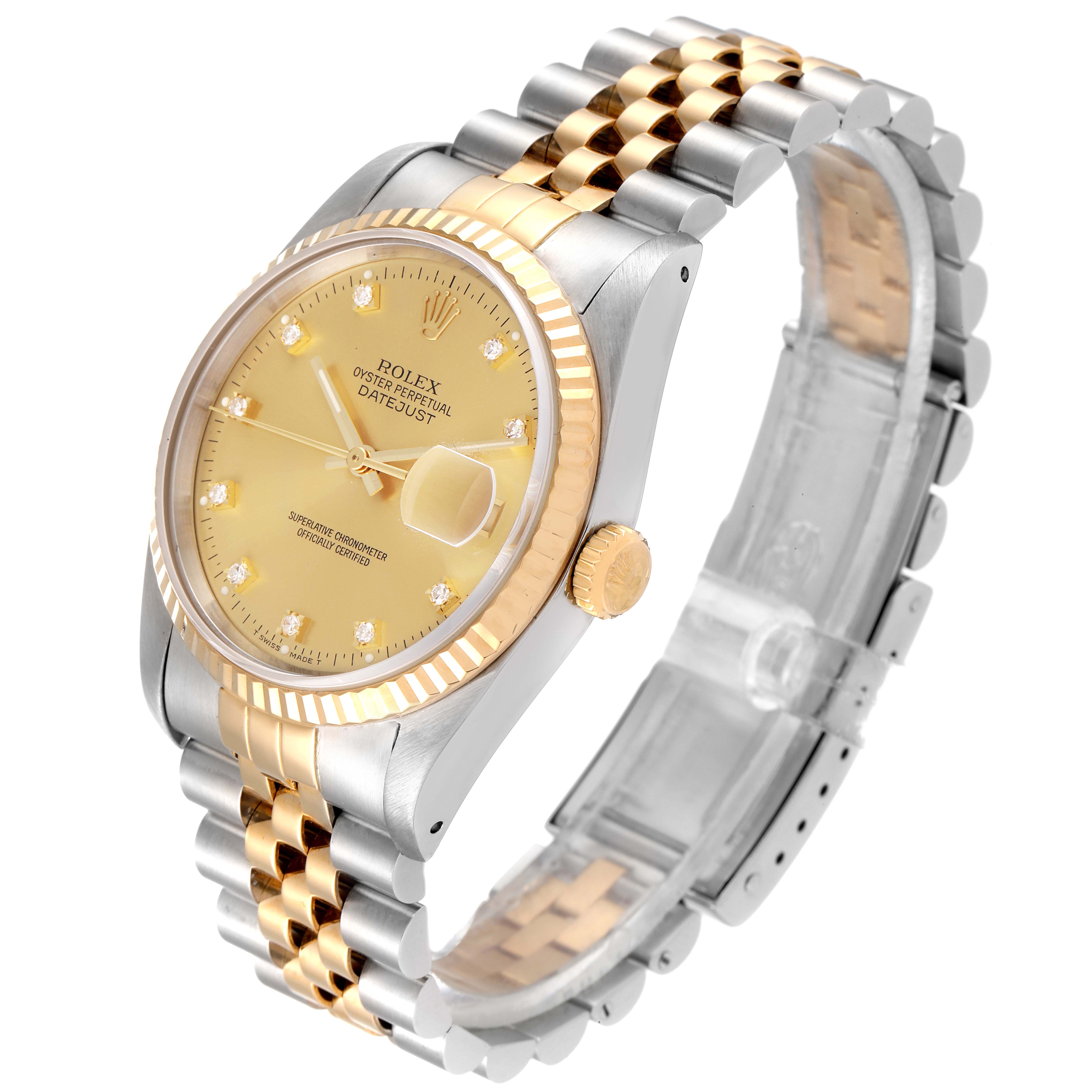 The Rolex Datejust 16233 Men's Steel and Gold (two tone) Champagne Dial 16233 Men's Steel and Gold (two tone) Champagne Dial watch is shown at a three-quarter angle, displaying the dial, bracelet, and crown.