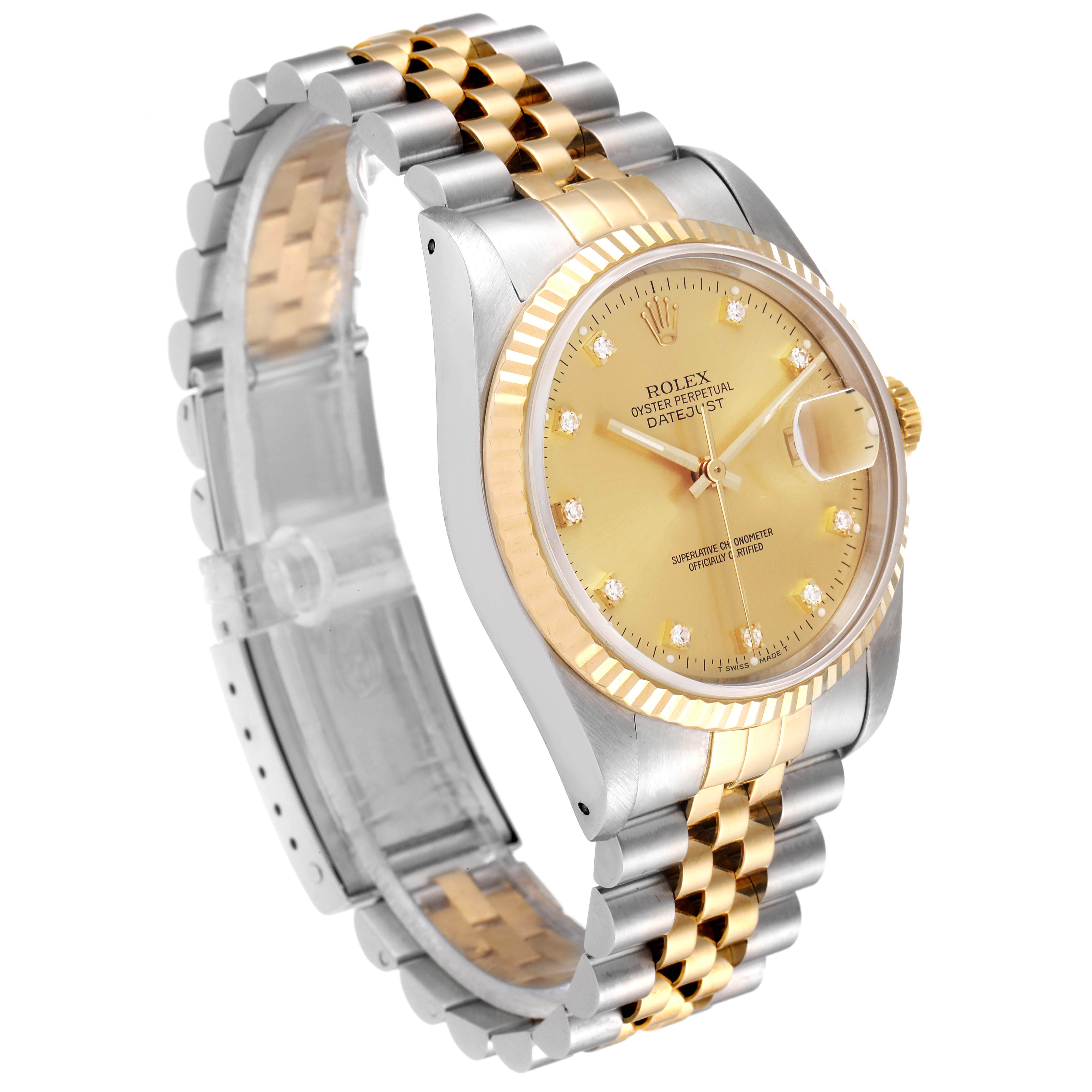 The image shows a Rolex Datejust 16233 Men's Steel and Gold (two tone) Champagne Dial 16233 Men's Steel and Gold (two tone) Champagne Dial watch at an angled side view, highlighting the face, bezel, and two-tone bracelet.