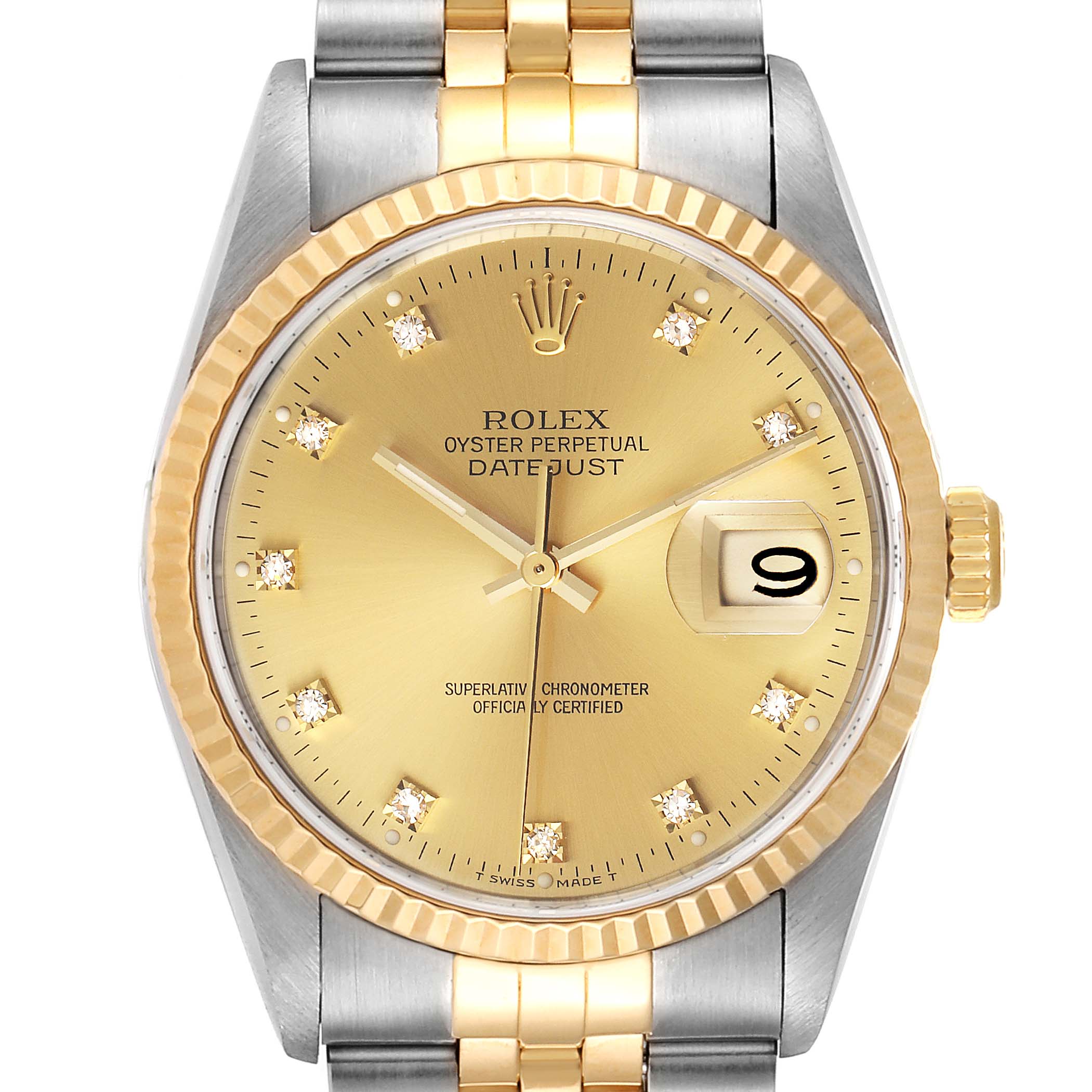The image shows a front view of a Rolex Datejust 16233 Men's Steel and Gold (two tone) Champagne Dial 16233 Men's Steel and Gold (two tone) Champagne Dial watch, highlighting the dial, bezel, hands, date window, and part of the bracelet.