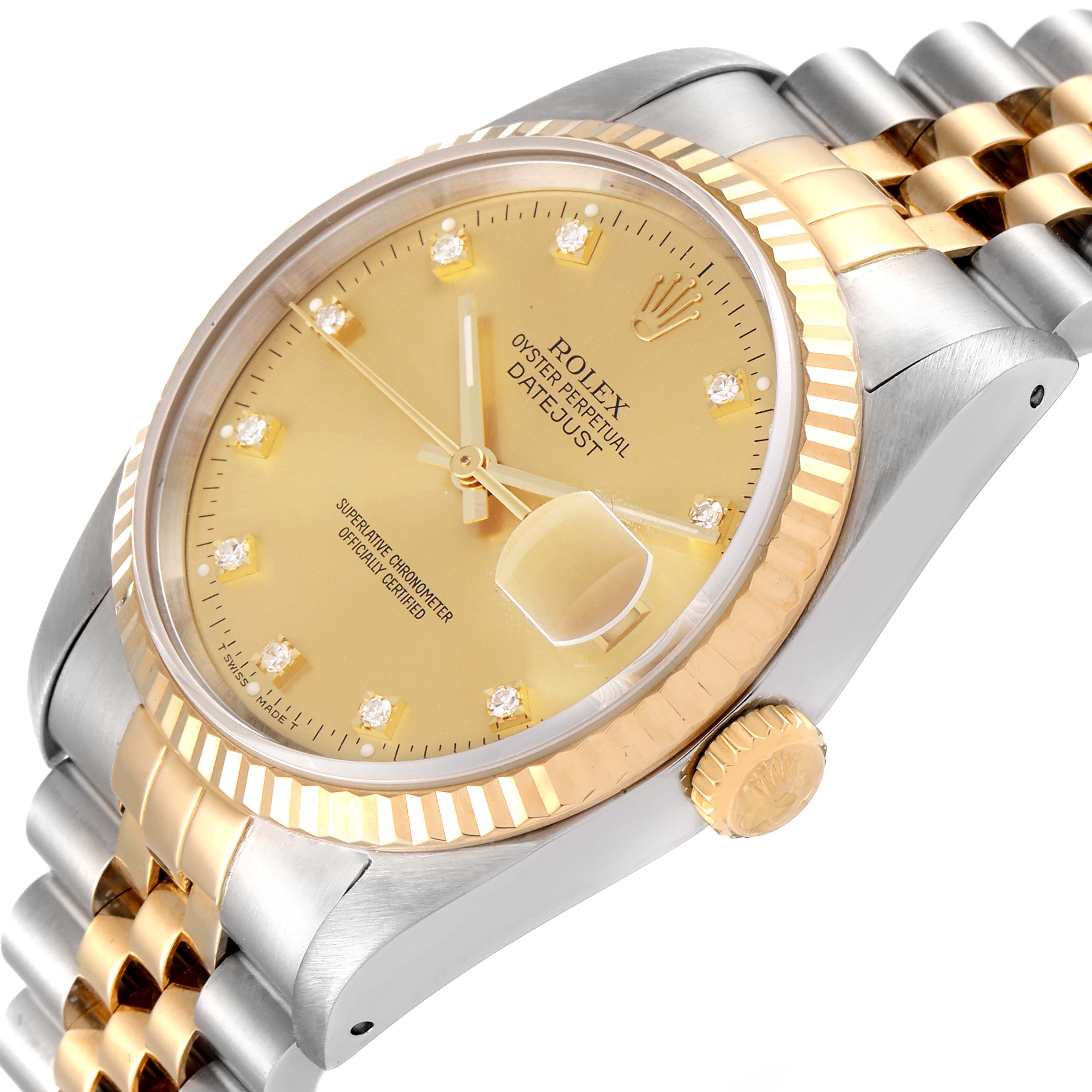This image shows a close-up angle of the Rolex Datejust 16233 Men's Steel and Gold (two tone) Champagne Dial 16233 Men's Steel and Gold (two tone) Champagne Dial watch face, bezel, crown, and part of the bracelet.