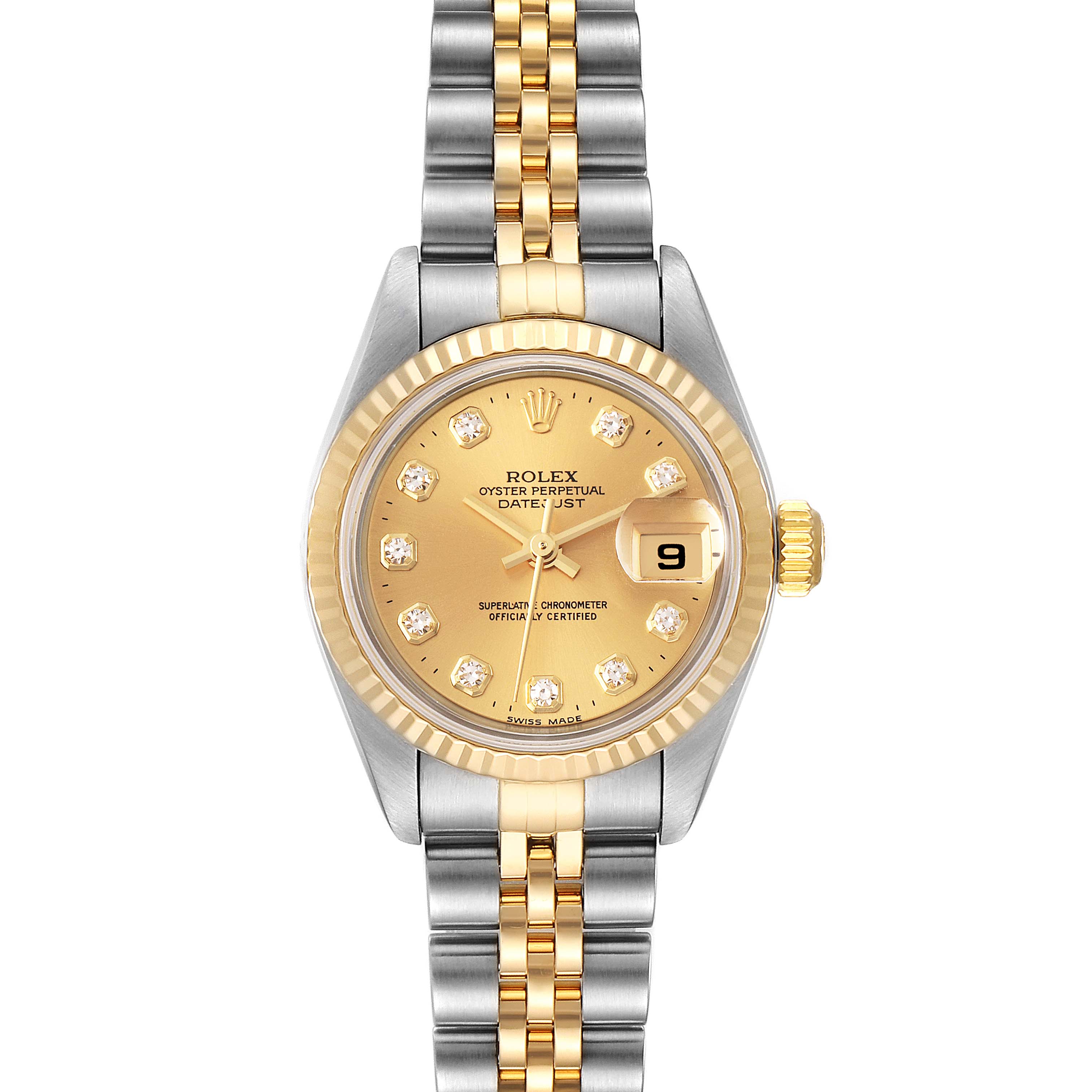 This image shows a Rolex Datejust 79173 Women's Steel and Gold (two tone) Champagne Dial 79173 Women's Steel and Gold (two tone) Champagne Dial wristwatch from a top view, highlighting its gold dial, diamond markers, and bi-metal bracelet.