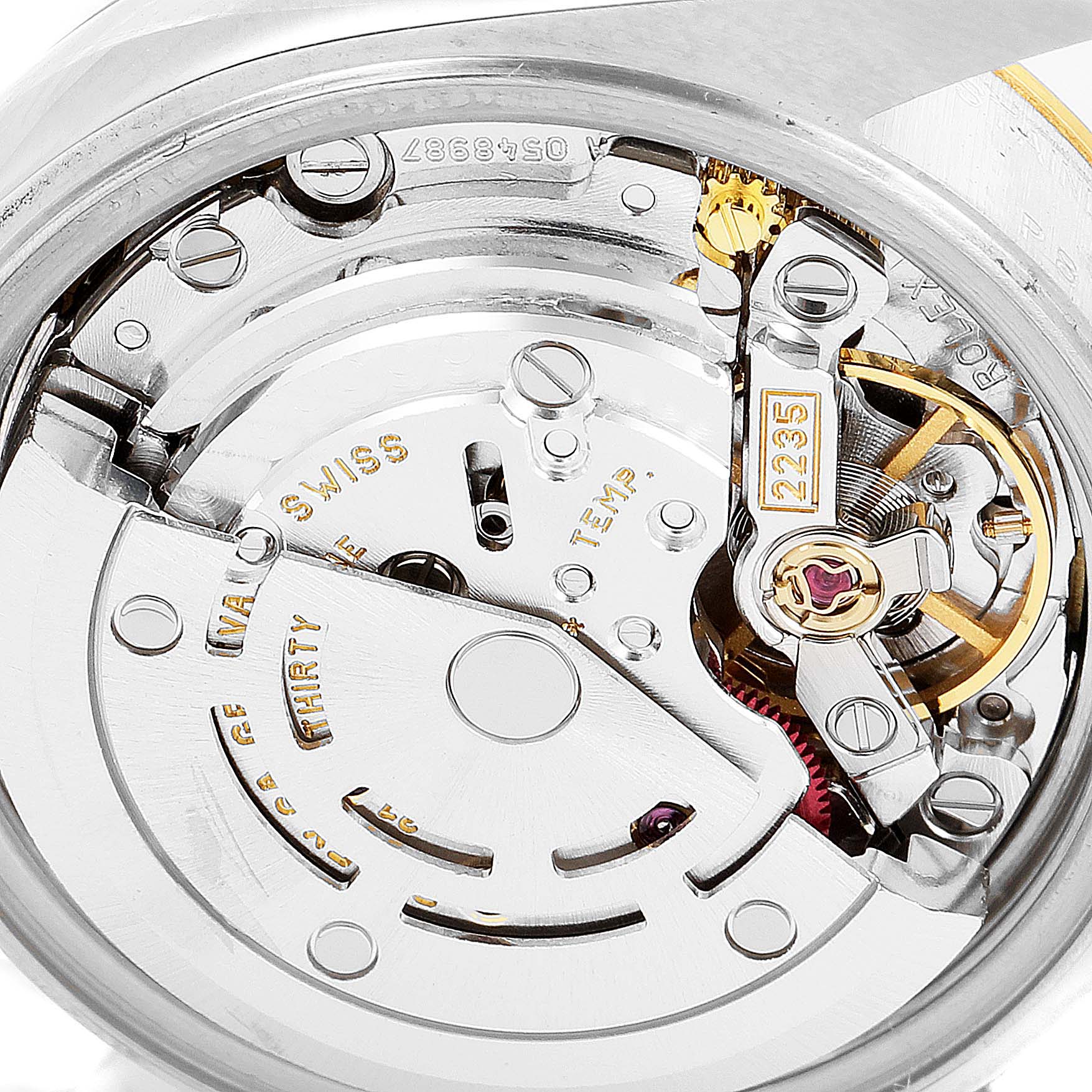 This image shows a close-up view of the movement mechanism of the Rolex Datejust 79173 Women's Steel and Gold (two tone) Champagne Dial 79173 Women's Steel and Gold (two tone) Champagne Dial watch.