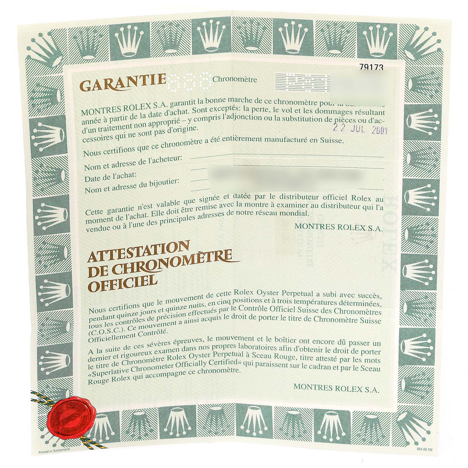 The image shows a guarantee certificate for a Rolex Datejust 79173 Women's Steel and Gold (two tone) Champagne Dial 79173 Women's Steel and Gold (two tone) Champagne Dial watch, detailing purchase and certification information.