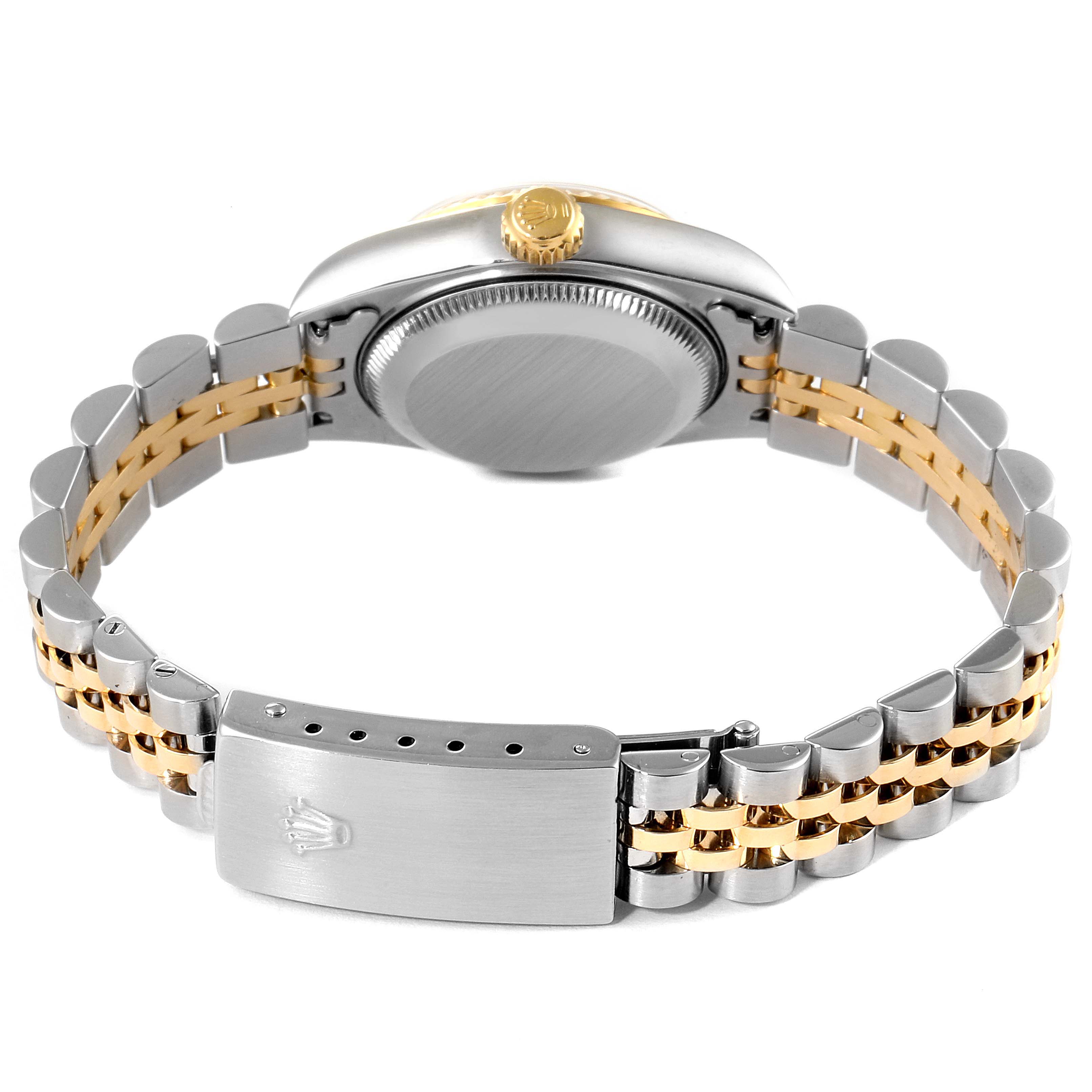 The image shows the back and sides of a Rolex Datejust 79173 Women's Steel and Gold (two tone) Champagne Dial 79173 Women's Steel and Gold (two tone) Champagne Dial watch, highlighting the case back, crown, and two-tone bracelet.