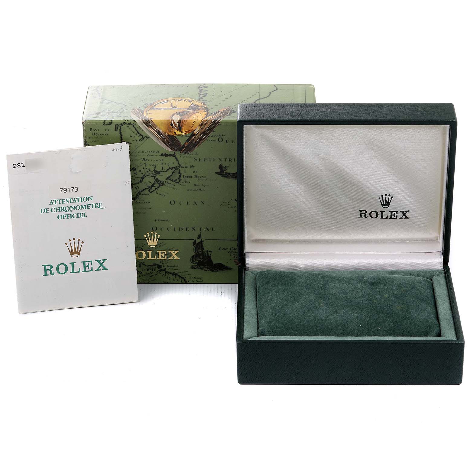 The image shows the packaging accessories of a Rolex Datejust 79173 Women's Steel and Gold (two tone) Champagne Dial 79173 Women's Steel and Gold (two tone) Champagne Dial, including its box and instruction manual.