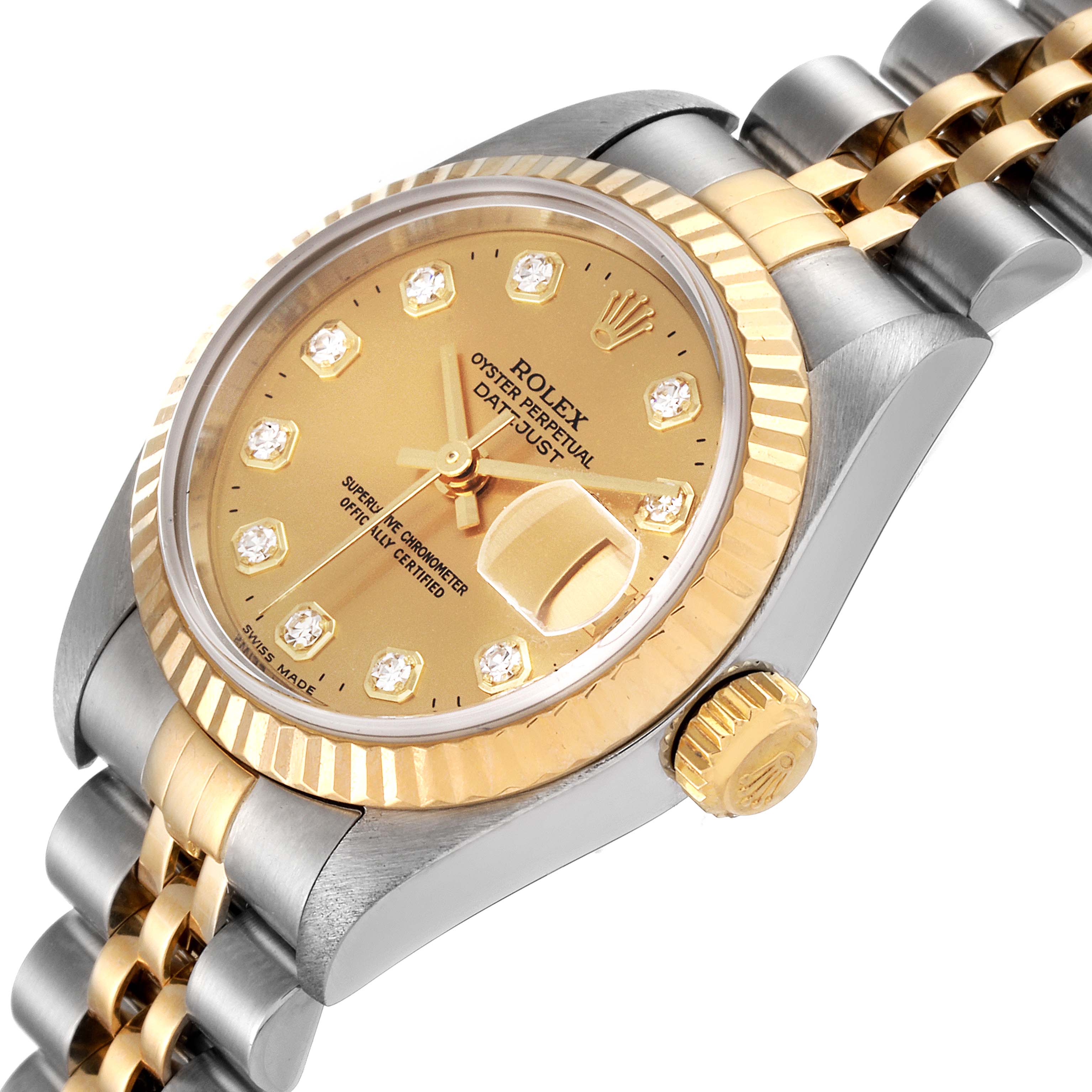 This image shows a close-up angled view of the Rolex Datejust 79173 Women's Steel and Gold (two tone) Champagne Dial 79173 Women's Steel and Gold (two tone) Champagne Dial watch, highlighting its dial, bezel, and partially the bracelet.