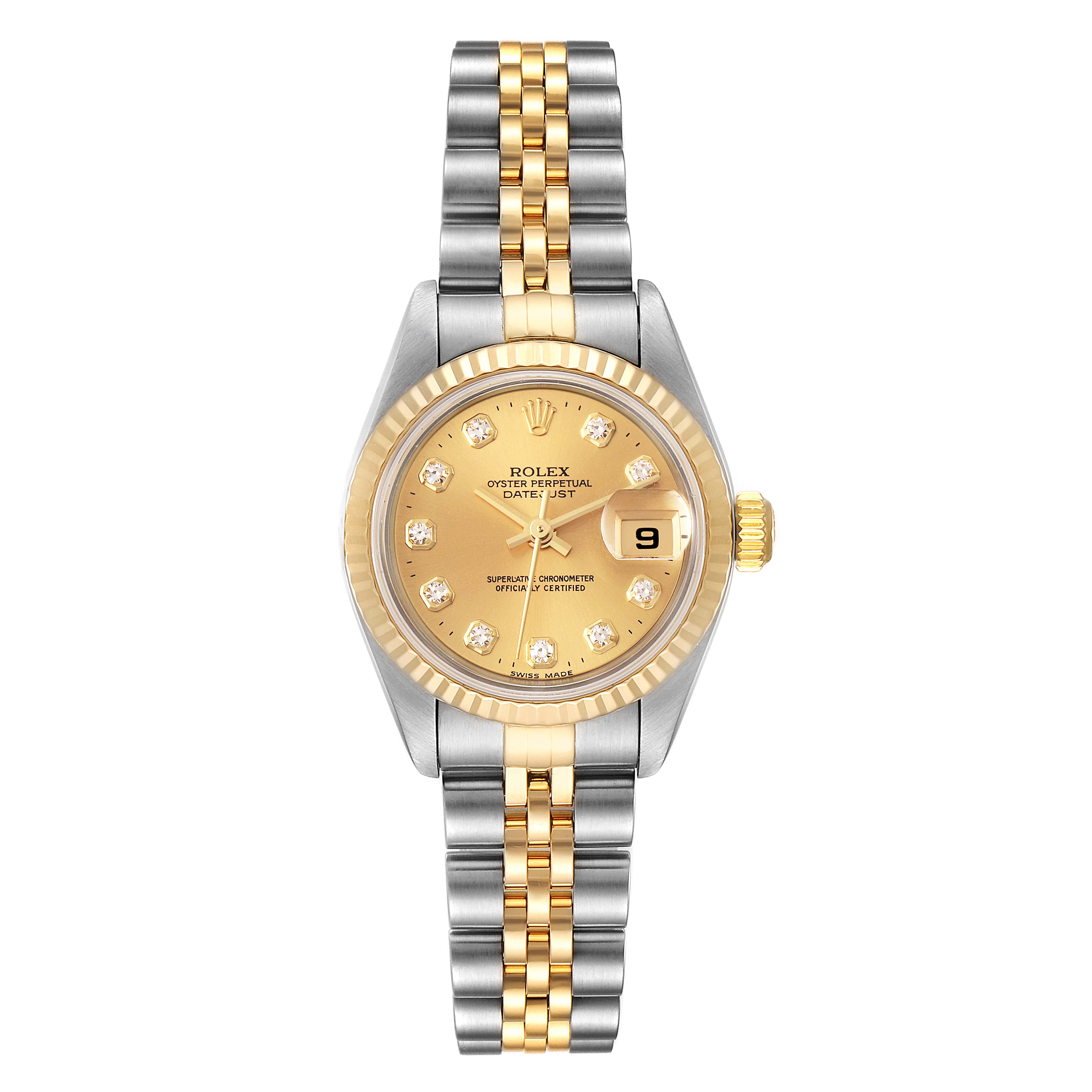 The Rolex Datejust 79173 Women's Steel and Gold (two tone) Champagne Dial 79173 Women's Steel and Gold (two tone) Champagne Dial watch is shown from a top-down view, highlighting the face, bezel, and bracelet.