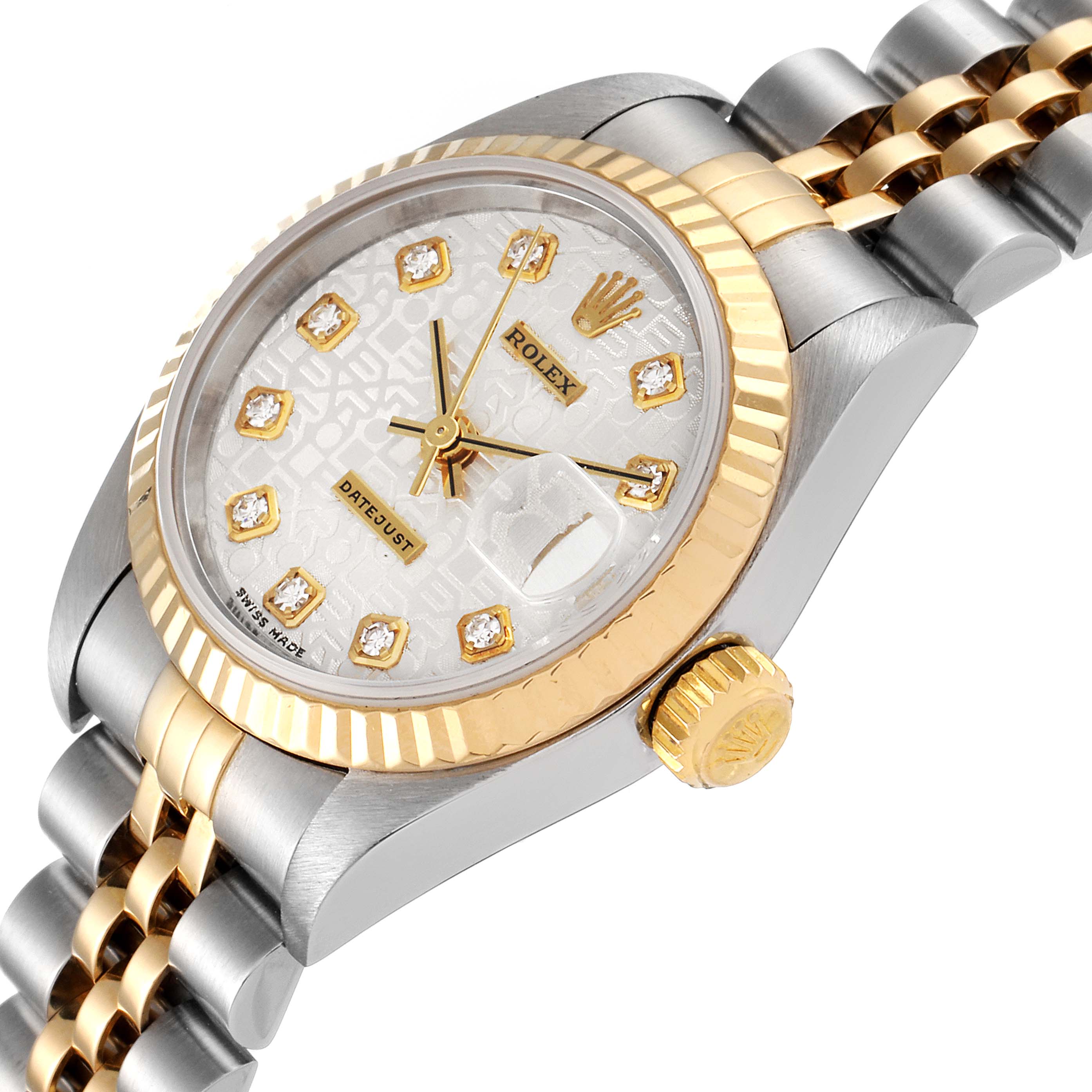 This image shows a close-up angled view of the Rolex Datejust 79173 Women's Steel and Gold (two tone) Silver Dial 79173 Women's Steel and Gold (two tone) Silver Dial watch, highlighting the dial, bezel, crown, and part of the bracelet.