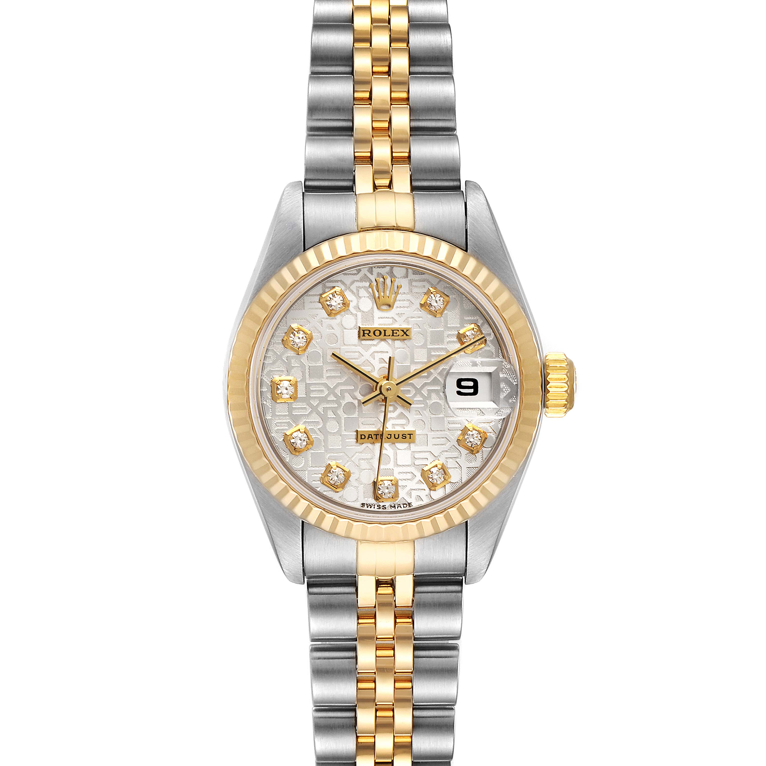 The image shows a front view of a Rolex Datejust 79173 Women's Steel and Gold (two tone) Silver Dial 79173 Women's Steel and Gold (two tone) Silver Dial watch, featuring a two-tone metal bracelet and a diamond-studded dial with a date display.