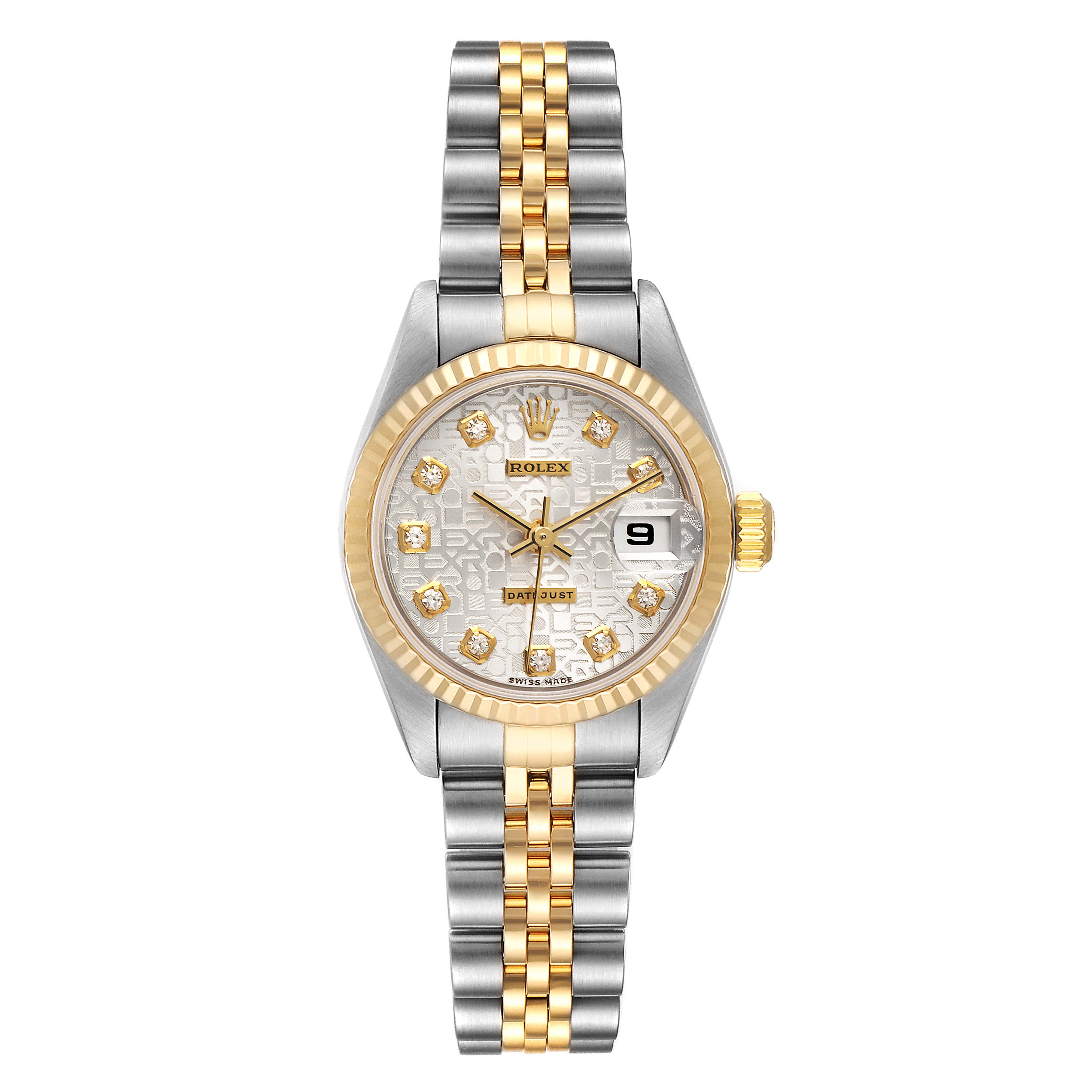 This image shows a Rolex Datejust 79173 Women's Steel and Gold (two tone) Silver Dial 79173 Women's Steel and Gold (two tone) Silver Dial watch from a front angle, highlighting its gold and silver bracelet, diamond-set dial, and date window.