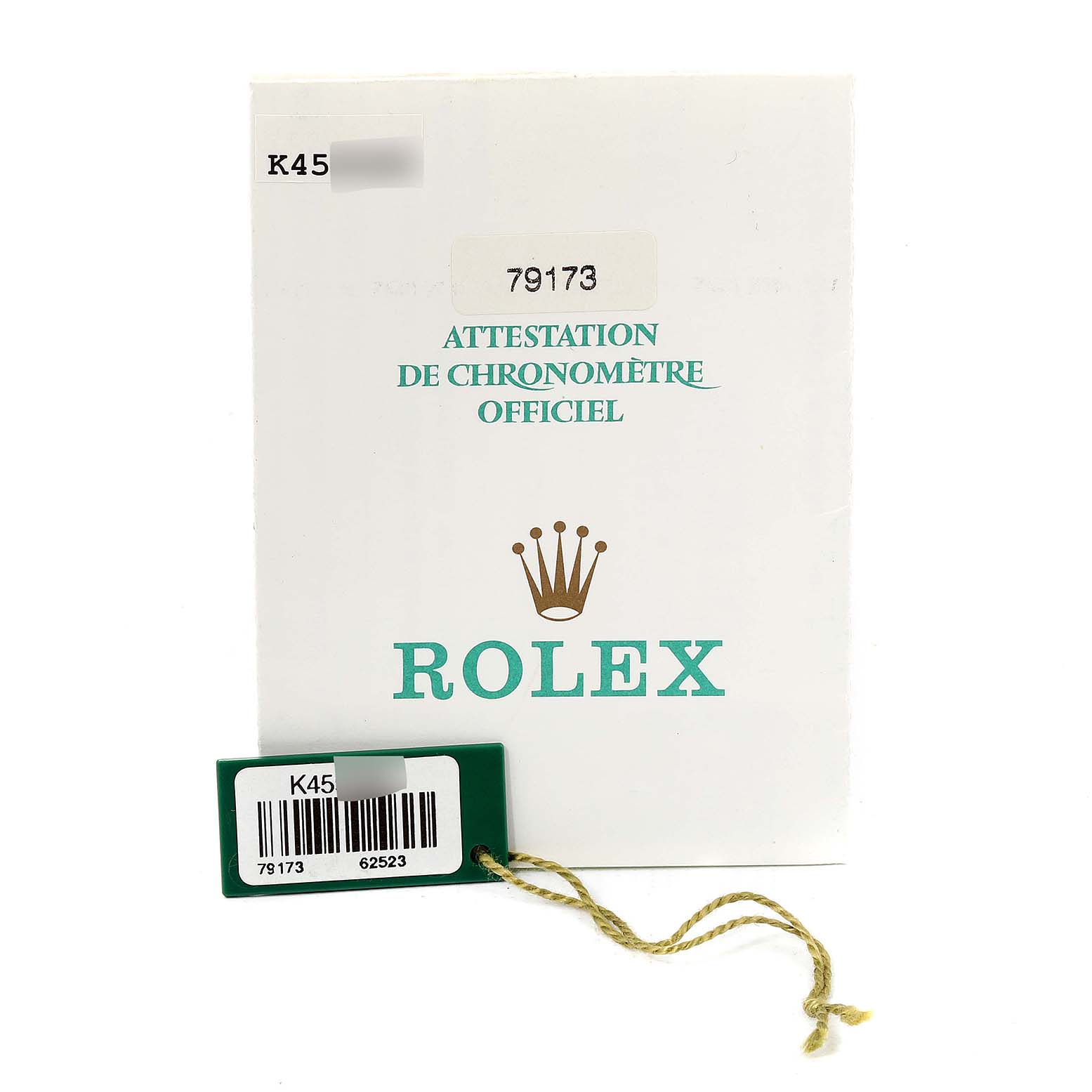 This image shows the official chronometer certification and a barcode tag for the Rolex Datejust 79173 Women's Steel and Gold (two tone) Silver Dial 79173 Women's Steel and Gold (two tone) Silver Dial model.