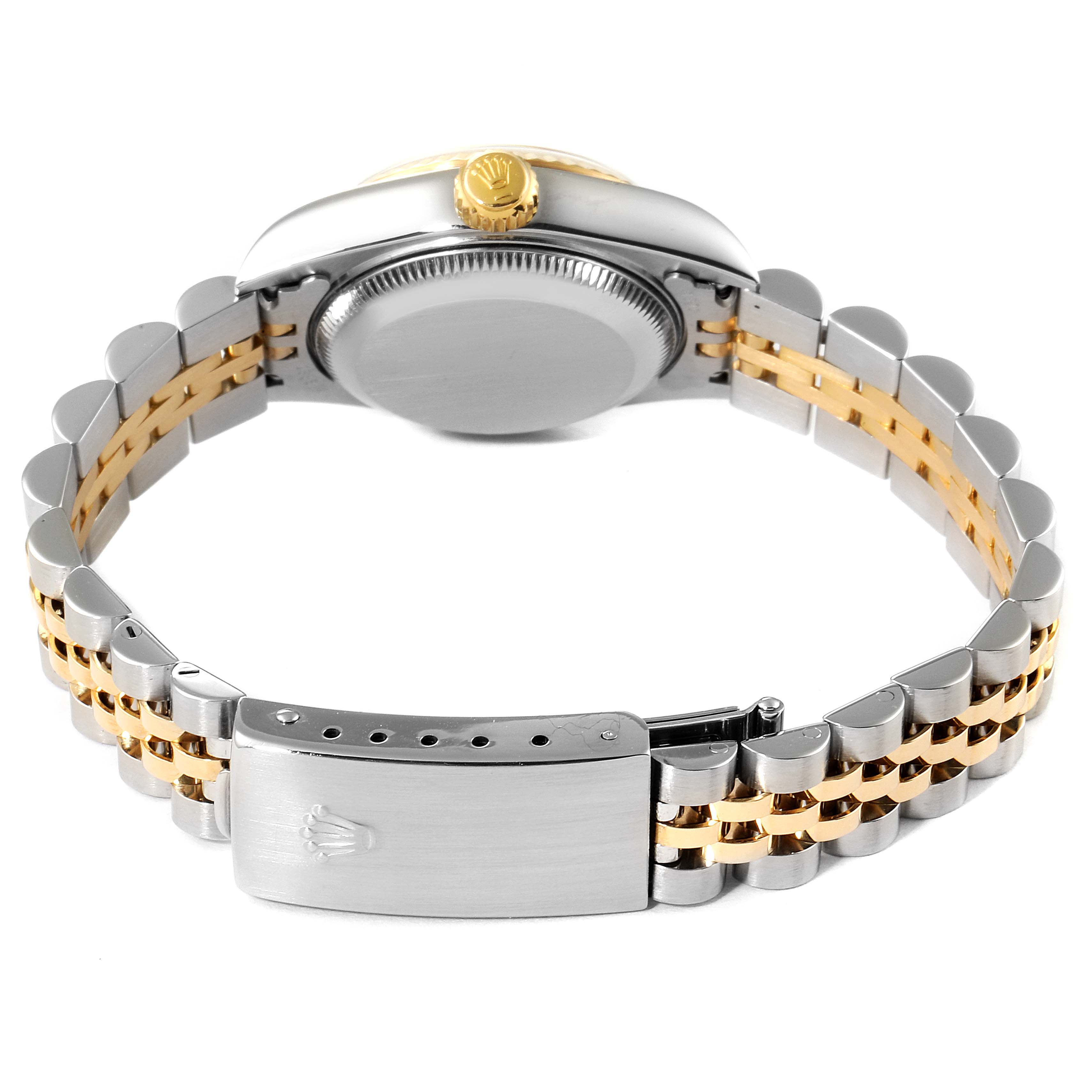 This image shows the back view of a Rolex Datejust 79173 Women's Steel and Gold (two tone) Silver Dial 79173 Women's Steel and Gold (two tone) Silver Dial watch, focusing on the gold-bordered crown and two-tone Jubilee bracelet.