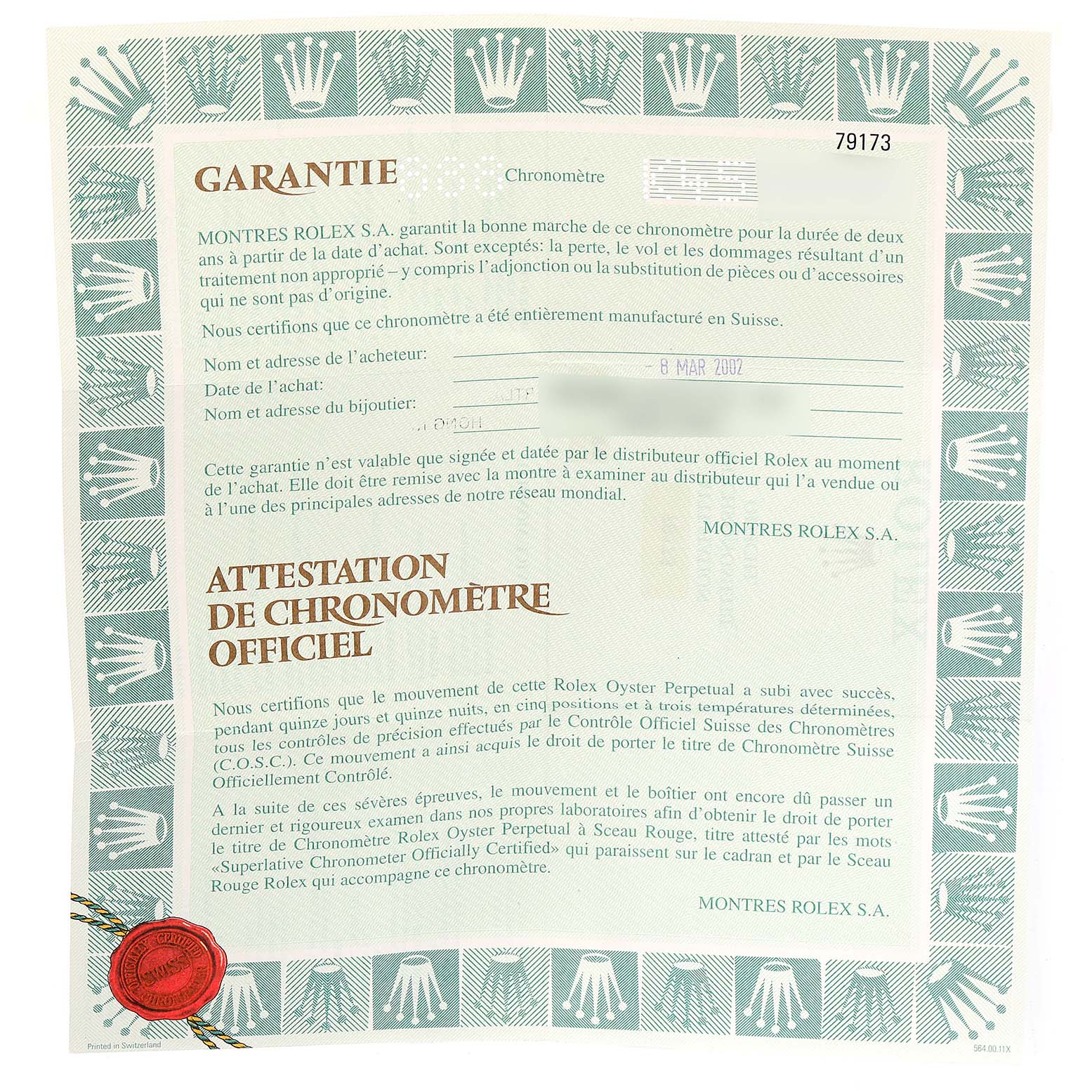 The image shows a warranty and official chronometer certificate for a Rolex Datejust 79173 Women's Steel and Gold (two tone) Silver Dial 79173 Women's Steel and Gold (two tone) Silver Dial model.