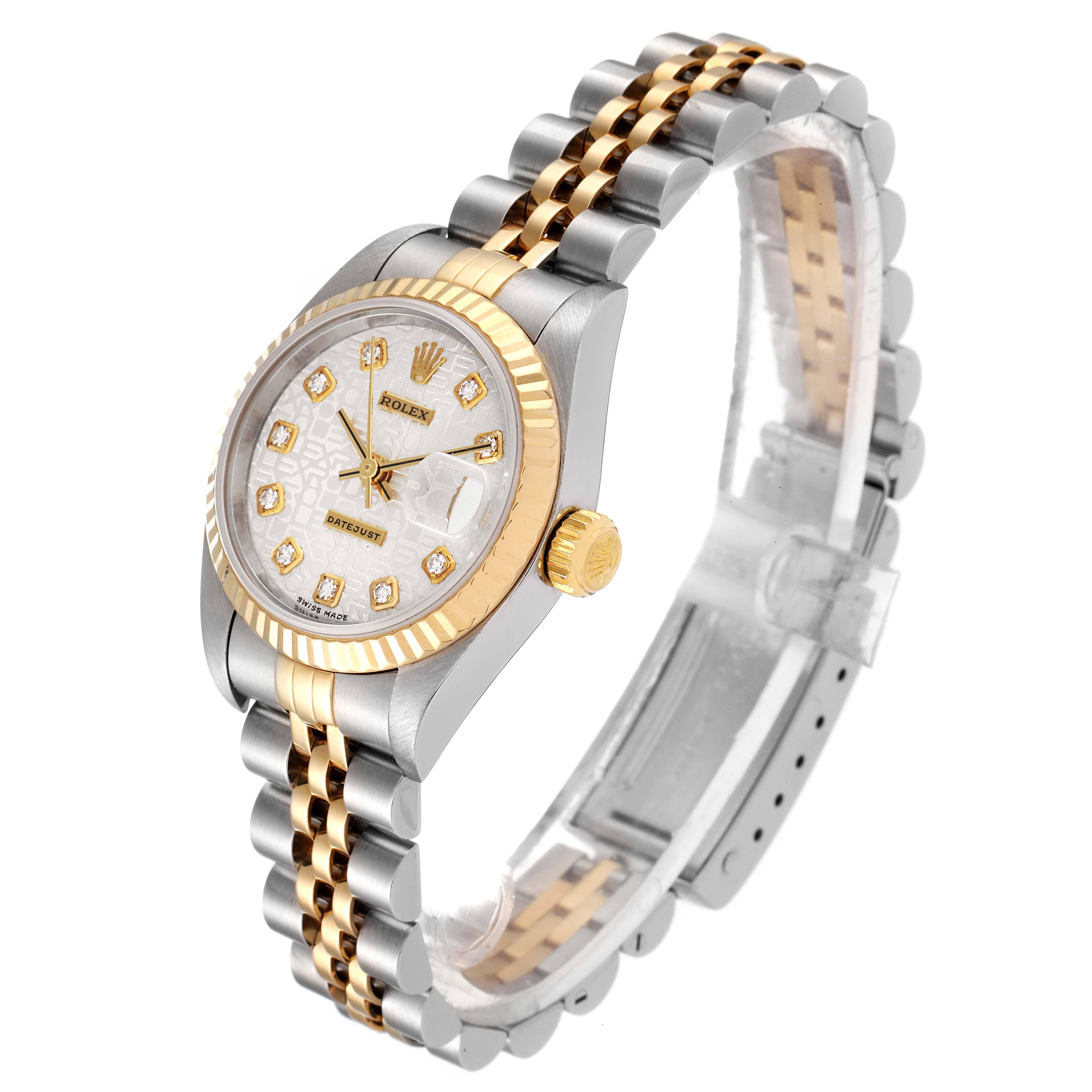 The image shows a Rolex Datejust 79173 Women's Steel and Gold (two tone) Silver Dial 79173 Women's Steel and Gold (two tone) Silver Dial watch with a two-tone bracelet angled from the front and slightly to the side.