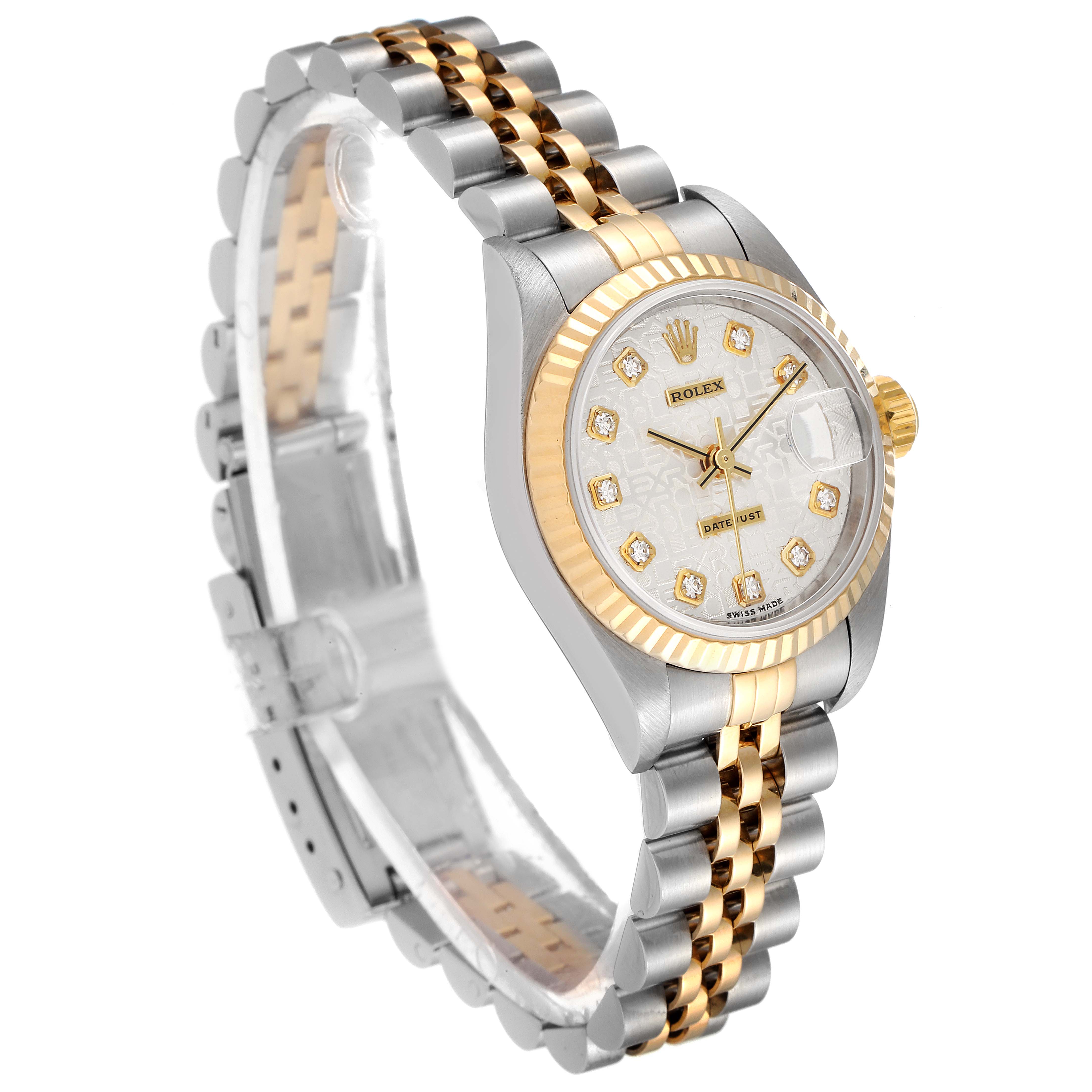 The image shows a Rolex Datejust 79173 Women's Steel and Gold (two tone) Silver Dial 79173 Women's Steel and Gold (two tone) Silver Dial watch at a slight angle, displaying its face, bezel, dial, and two-tone bracelet.