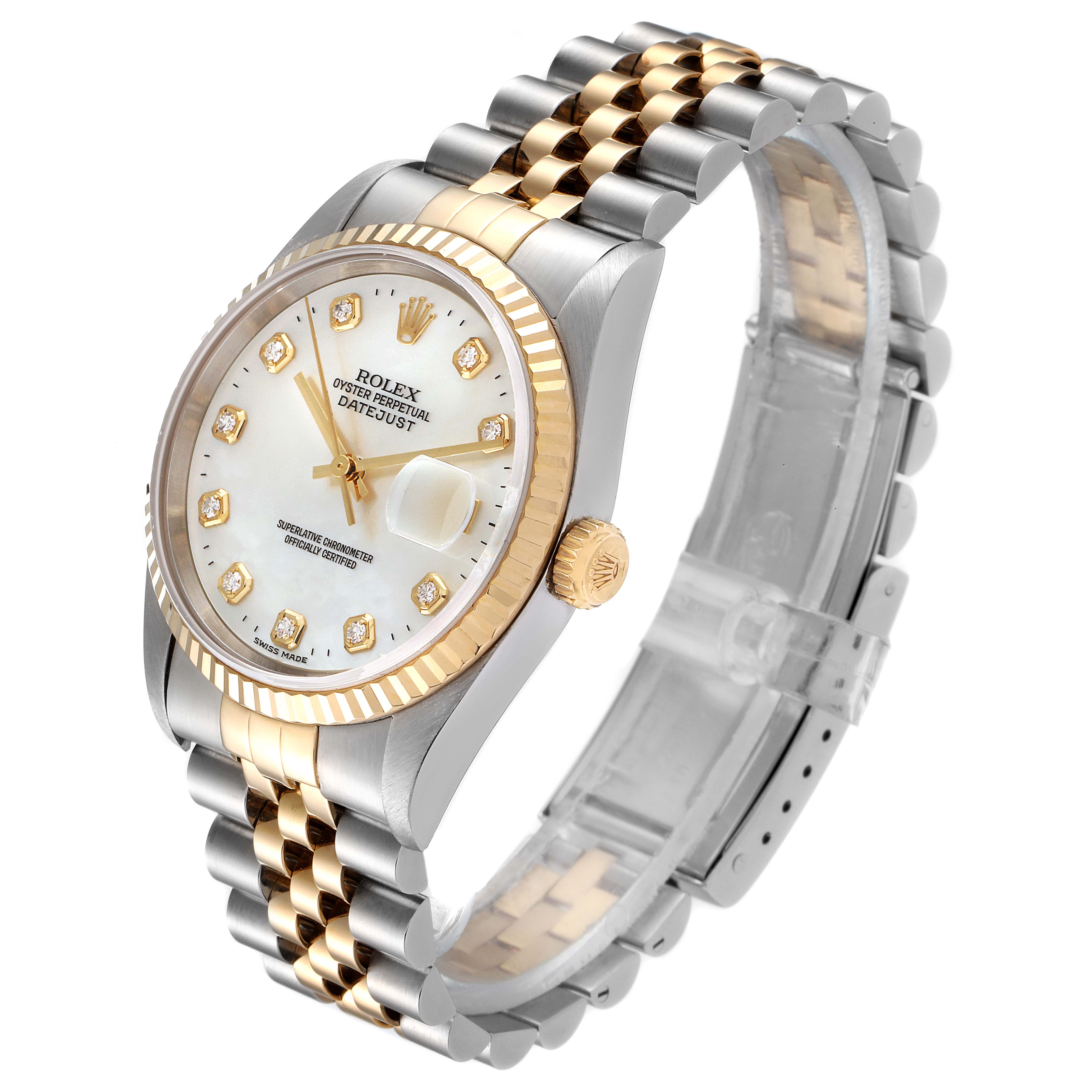 This image shows a Rolex Datejust 16233 Men's Steel and Gold (two tone) Mother of Pearl Dial 16233 Men's Steel and Gold (two tone) Mother of Pearl Dial watch from a three-quarter angle, highlighting its dial, bracelet, and crown.
