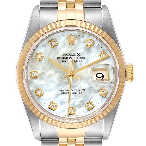 Photo of Rolex Datejust Steel Yellow Gold MOP Diamond Mens Watch 16233