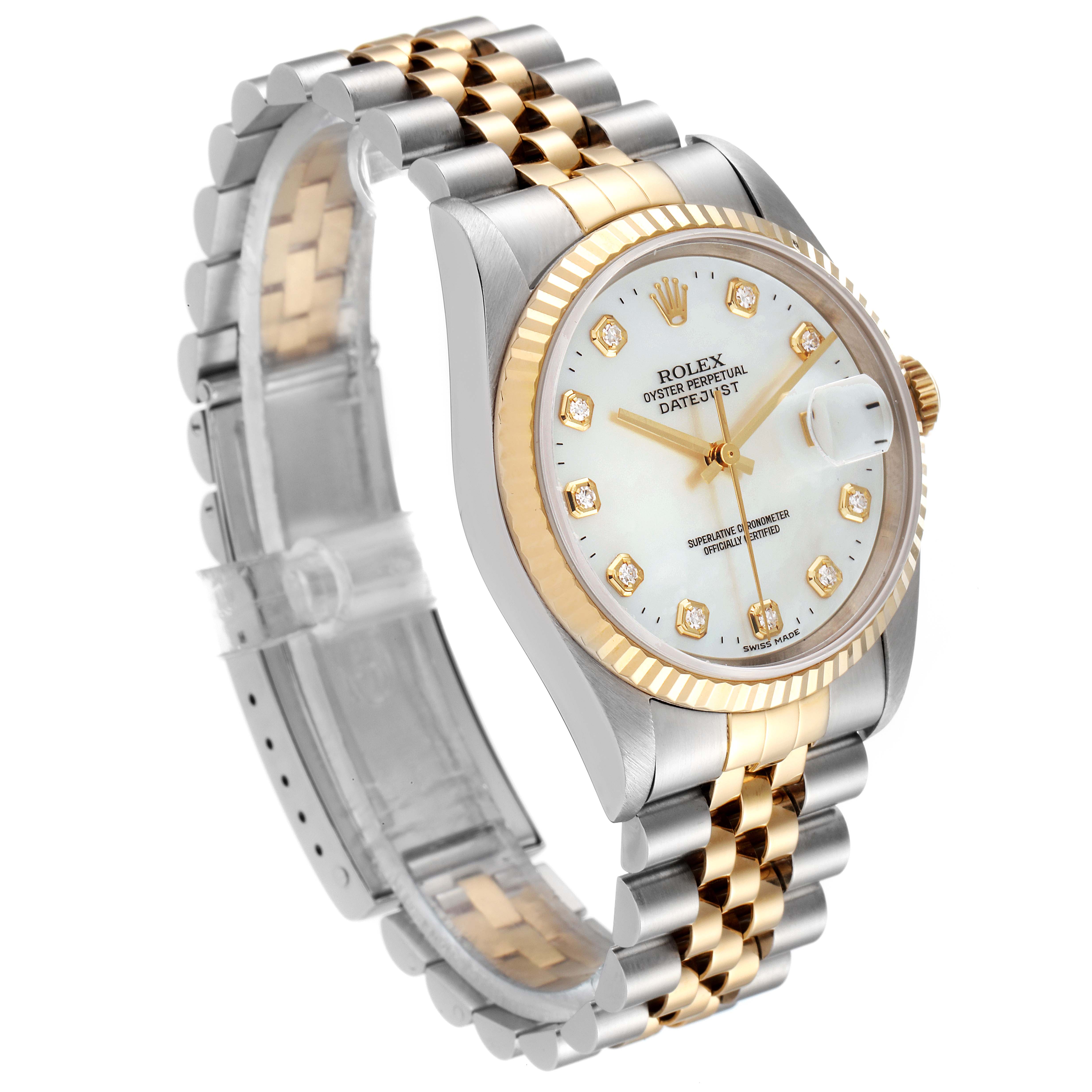 The image shows a Rolex Datejust 16233 Men's Steel and Gold (two tone) Mother of Pearl Dial 16233 Men's Steel and Gold (two tone) Mother of Pearl Dial watch at a tilted angle, highlighting its dial, bezel, crown, and two-tone bracelet.