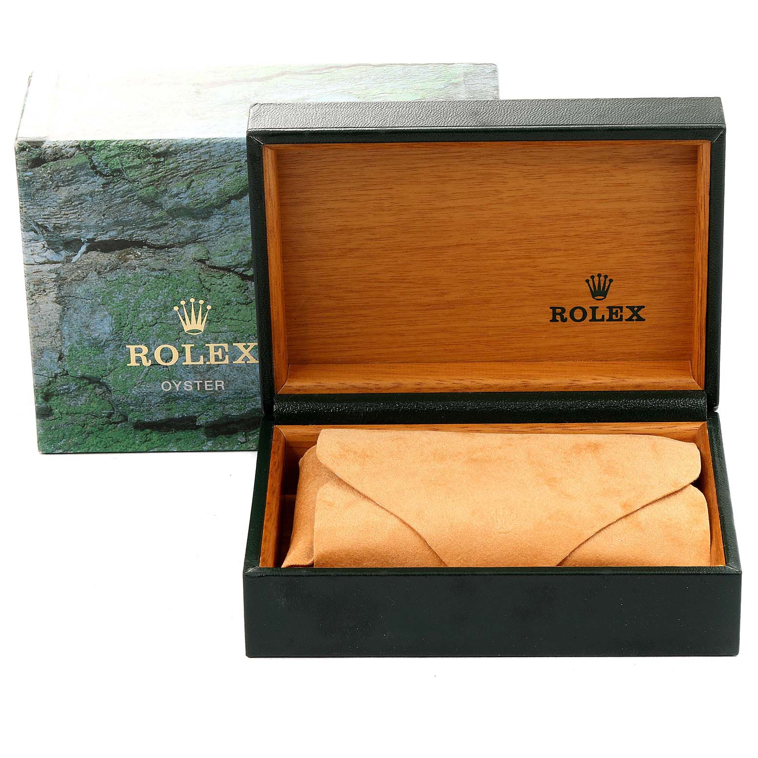 The image shows an open Rolex Datejust 16233 Men's Steel and Gold (two tone) Mother of Pearl Dial 16233 Men's Steel and Gold (two tone) Mother of Pearl Dial watch box and a protective pouch, angled to display the interior.