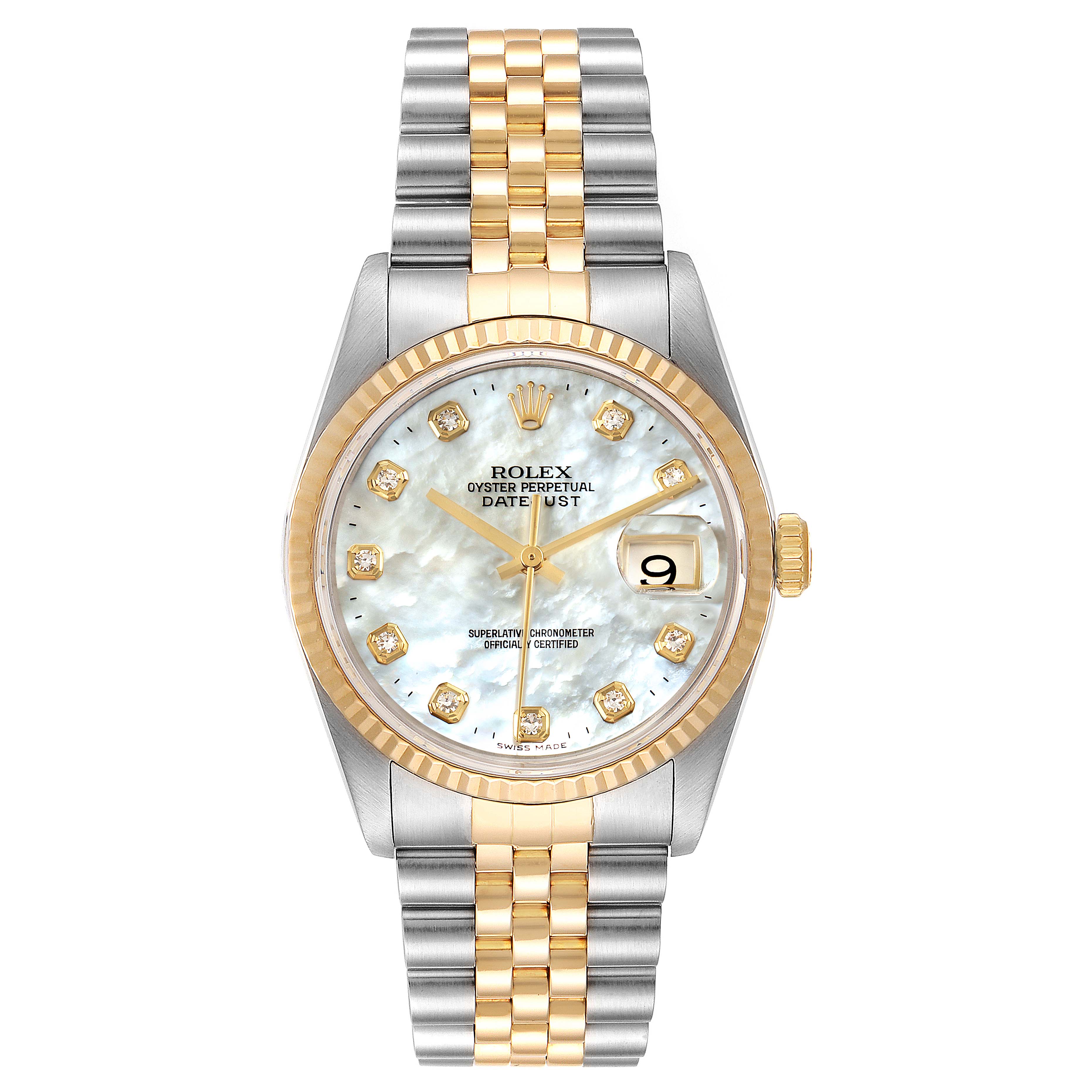 The image shows the face and bracelet of a Rolex Datejust 16233 Men's Steel and Gold (two tone) Mother of Pearl Dial 16233 Men's Steel and Gold (two tone) Mother of Pearl Dial watch from a front-on angle.