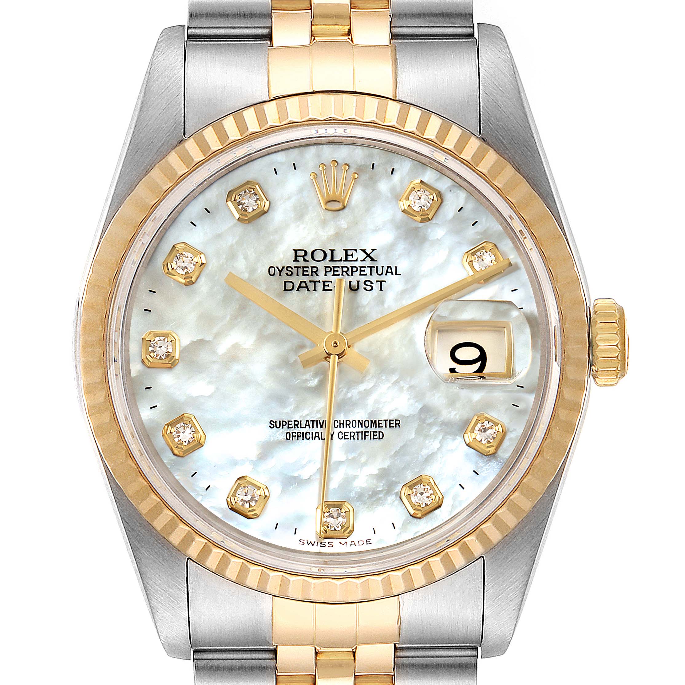 The image shows a close-up of the face and bracelet of a Rolex Datejust 16233 Men's Steel and Gold (two tone) Mother of Pearl Dial 16233 Men's Steel and Gold (two tone) Mother of Pearl Dial watch.