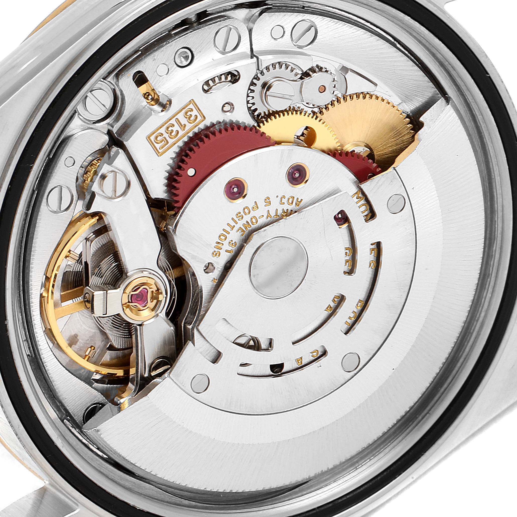 The image shows the internal mechanical movement parts of a Rolex Datejust 16233 Men's Steel and Gold (two tone) Mother of Pearl Dial 16233 Men's Steel and Gold (two tone) Mother of Pearl Dial watch from a top-down angle.