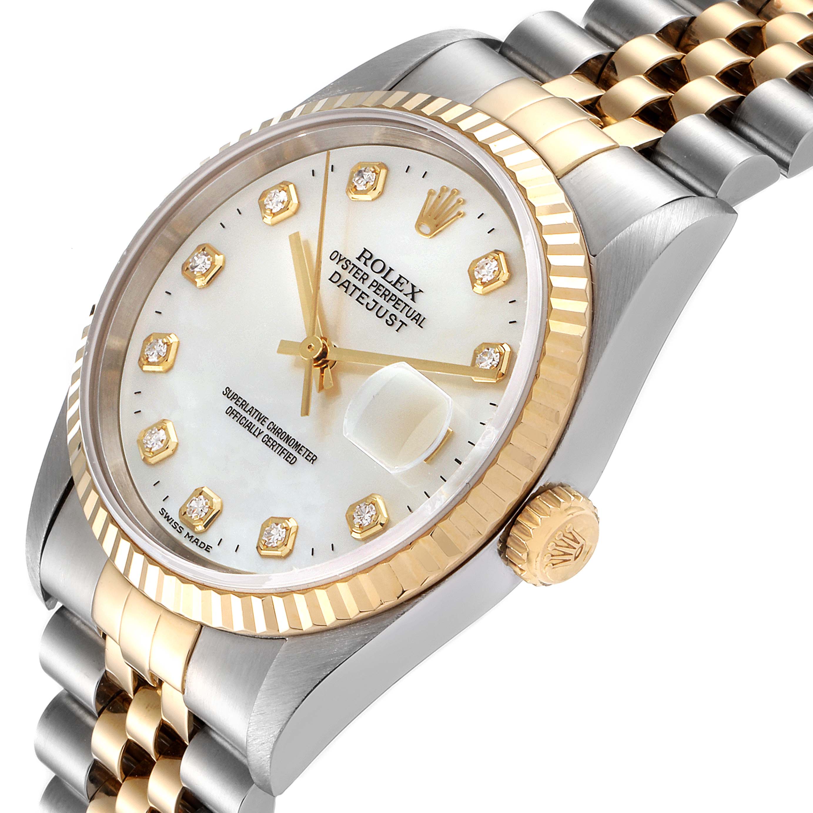 The image shows a close-up angled view of a Rolex Datejust 16233 Men's Steel and Gold (two tone) Mother of Pearl Dial 16233 Men's Steel and Gold (two tone) Mother of Pearl Dial watch, featuring its dial, crown, and bracelet.