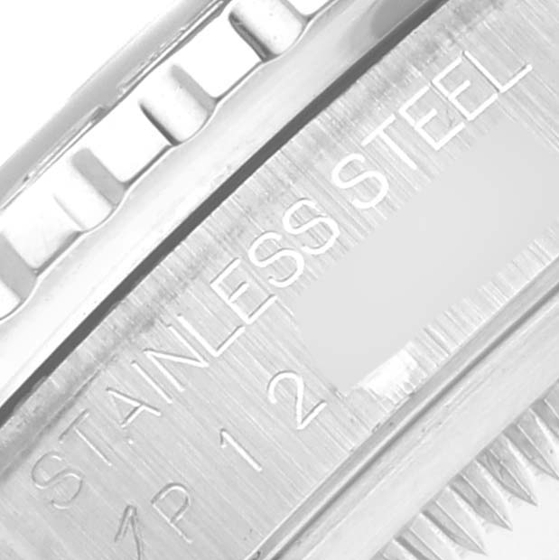 This close-up image shows the stainless steel bezel and engravings of the Rolex Turn-o-Graph 16264 Men
s Stainless Steel Silver Dial 16264 Men
s Stainless Steel Silver Dial watch.