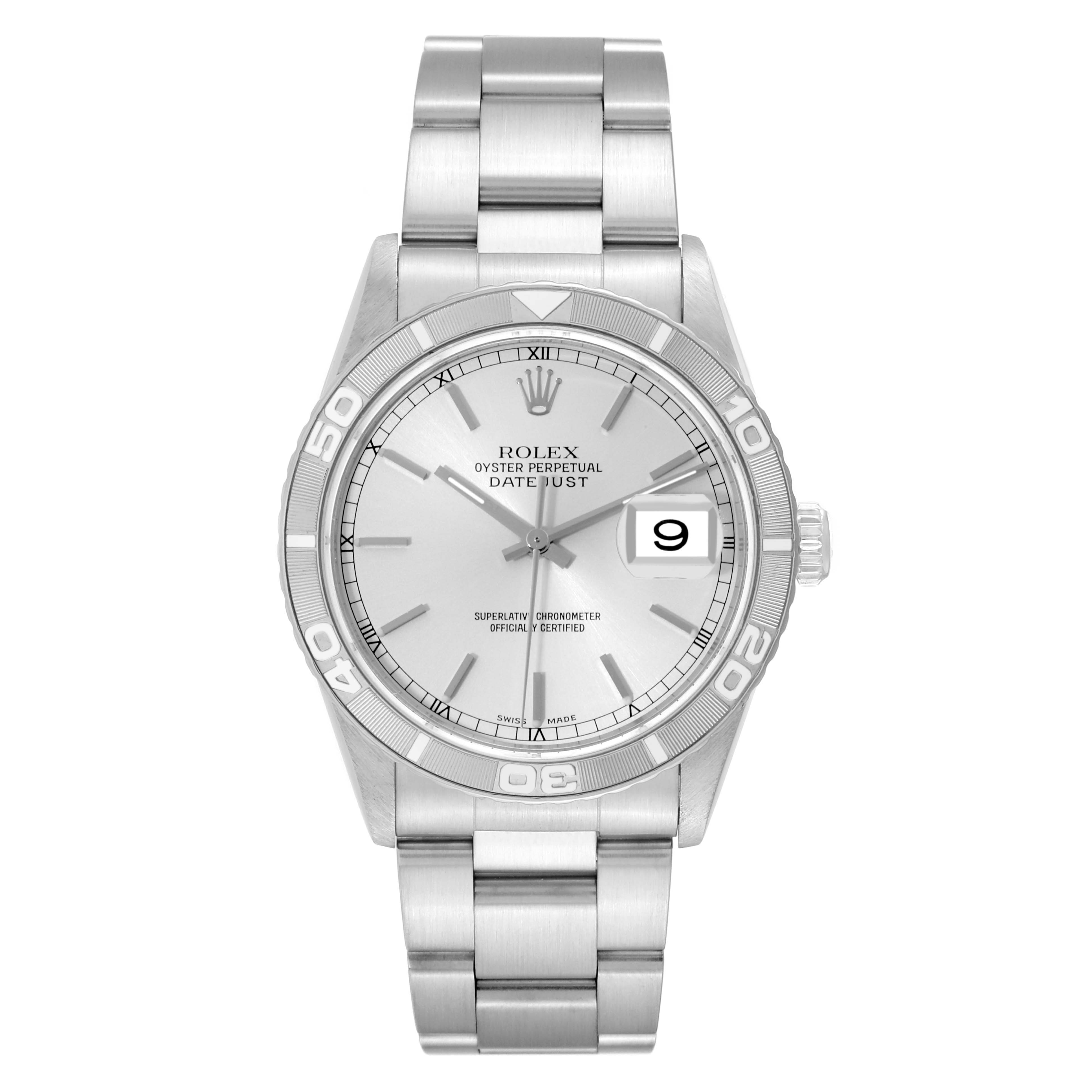 This image shows a Rolex Turn-o-Graph 16264 Men
s Stainless Steel Silver Dial 16264 Men
s Stainless Steel Silver Dial watch from a top-down angle, highlighting the dial, bezel, bracelet, and crown.