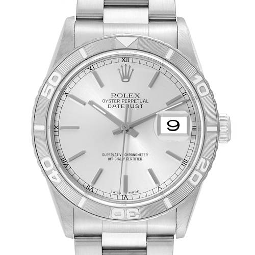 The front view of the Rolex Turn-o-Graph watch showcases its face, bezel, bracelet, and crown, highlighting the date display.