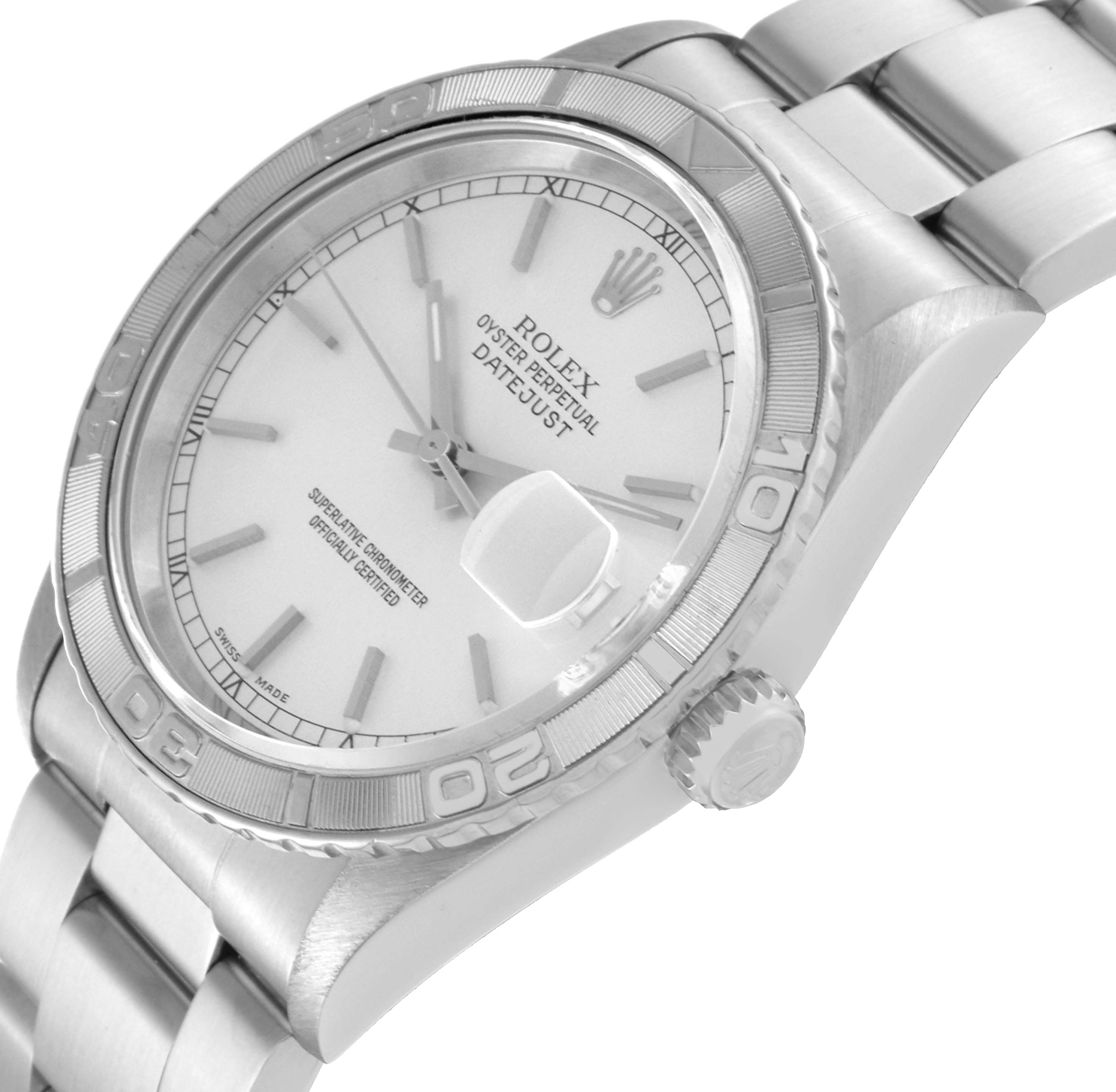 The image shows a Rolex Turn-o-Graph 16264 Men
s Stainless Steel Silver Dial 16264 Men
s Stainless Steel Silver Dial watch from a side angle, focusing on the dial, bezel, and part of the bracelet.