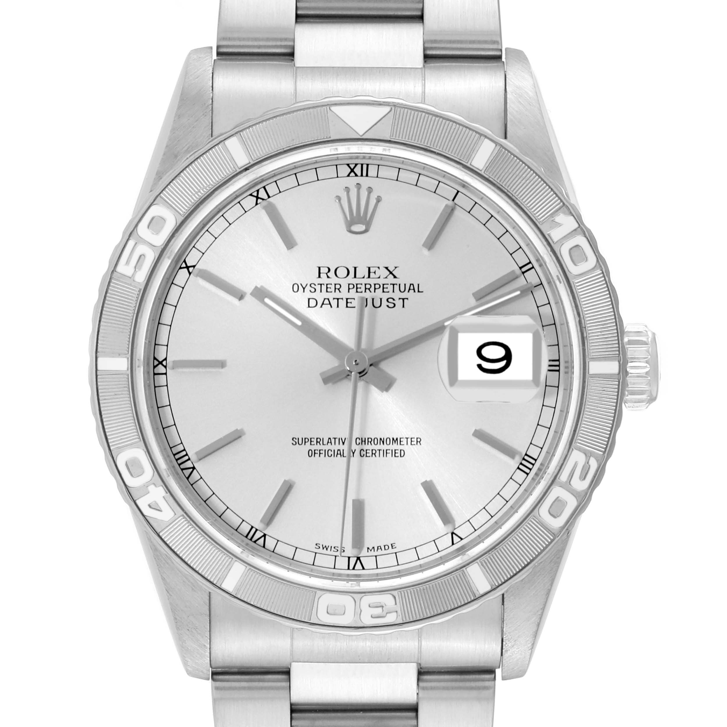 This image shows a front view of a Rolex Turn-o-Graph 16264 Men
s Stainless Steel Silver Dial 16264 Men
s Stainless Steel Silver Dial watch, highlighting its dial, bezel, and bracelet.