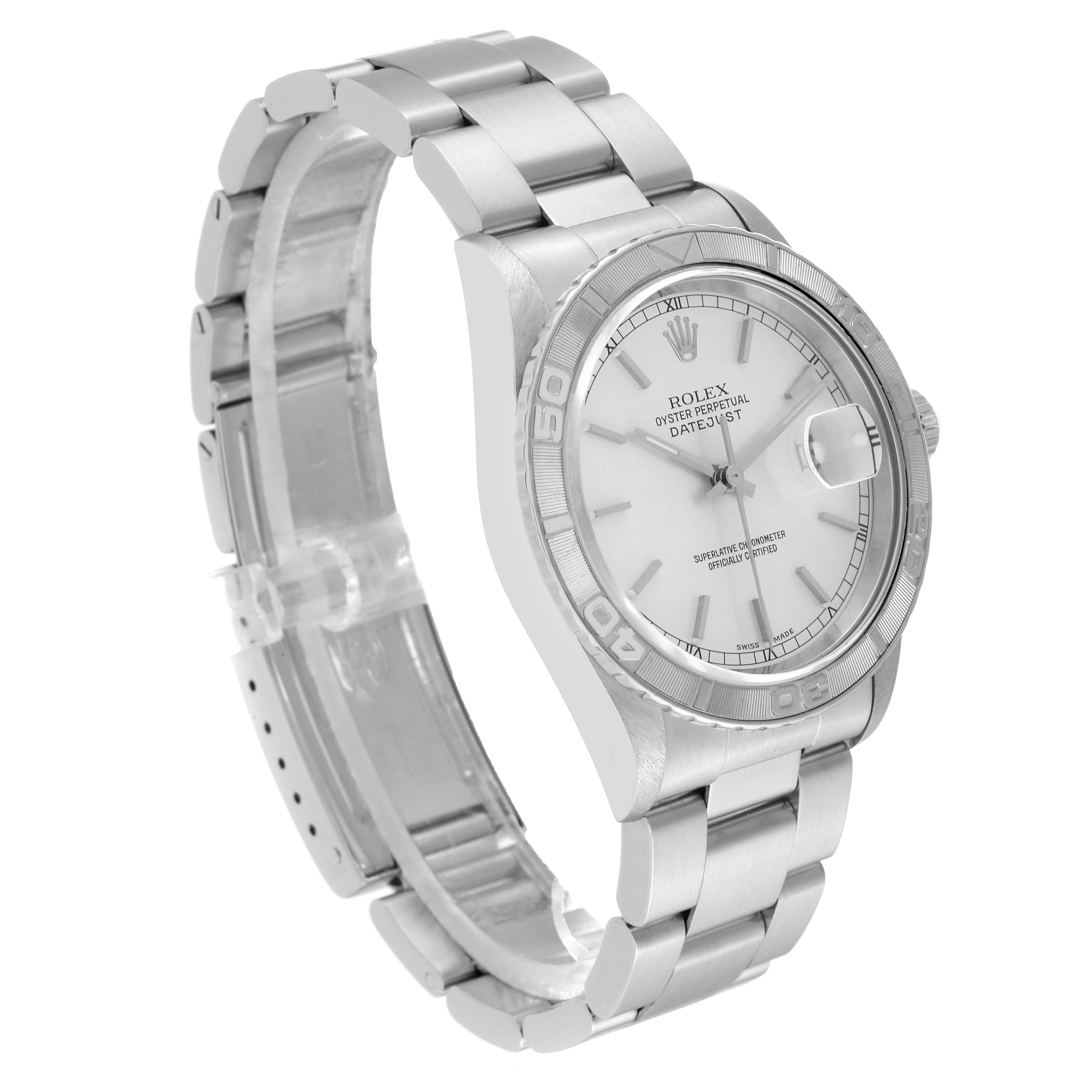 This image shows a side-angle view of the Rolex Turn-o-Graph 16264 Men
s Stainless Steel Silver Dial 16264 Men
s Stainless Steel Silver Dial watch, displaying the bracelet, case, bezel, and dial.